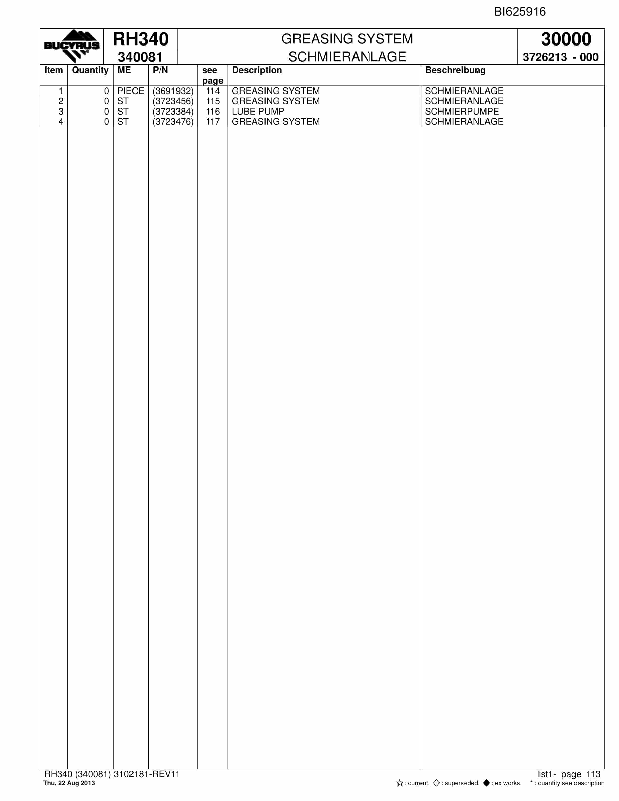 Bucyrus RH340 Hydraulic Excavator Parts Catalog BI625916-3