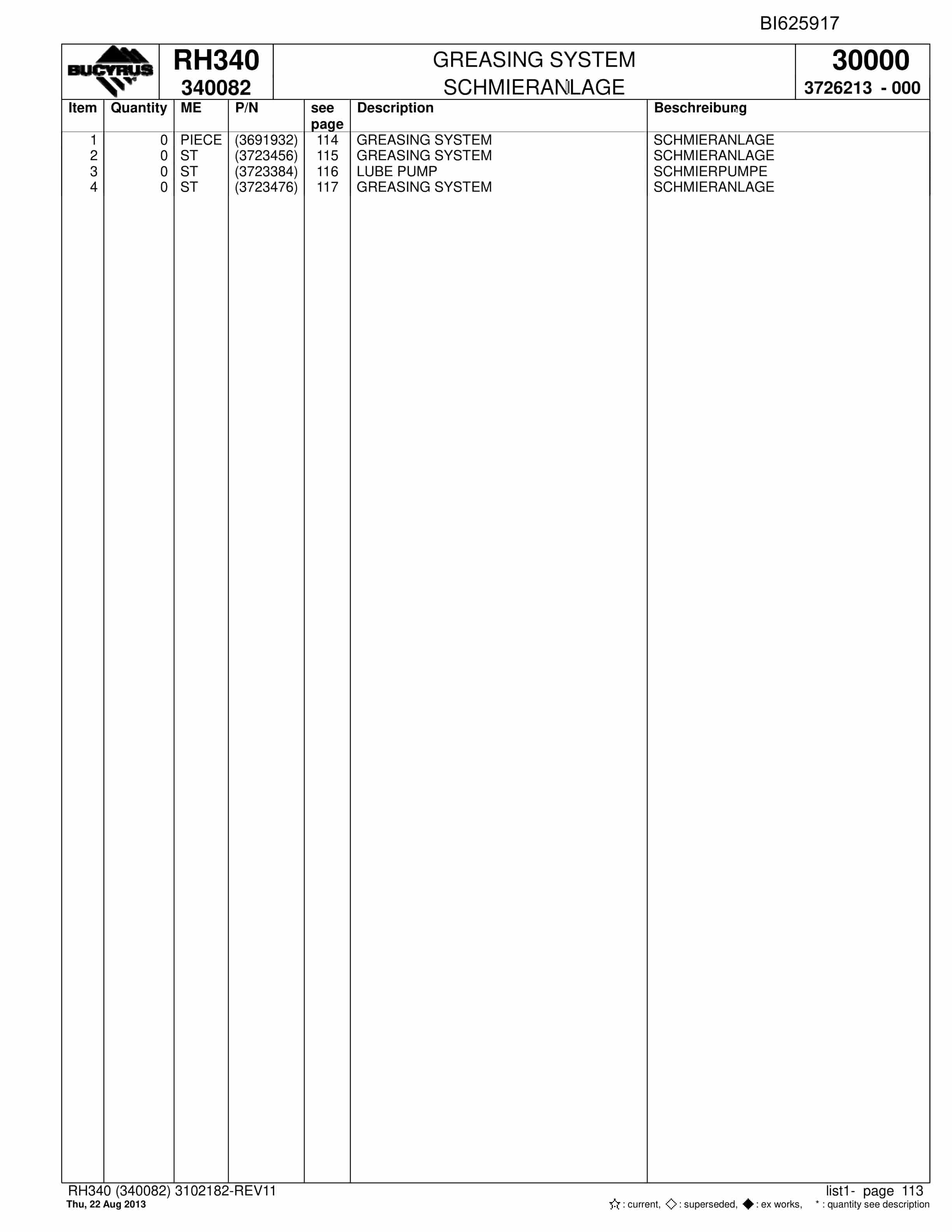 Bucyrus RH340 Hydraulic Excavator Parts Catalog BI625917-3