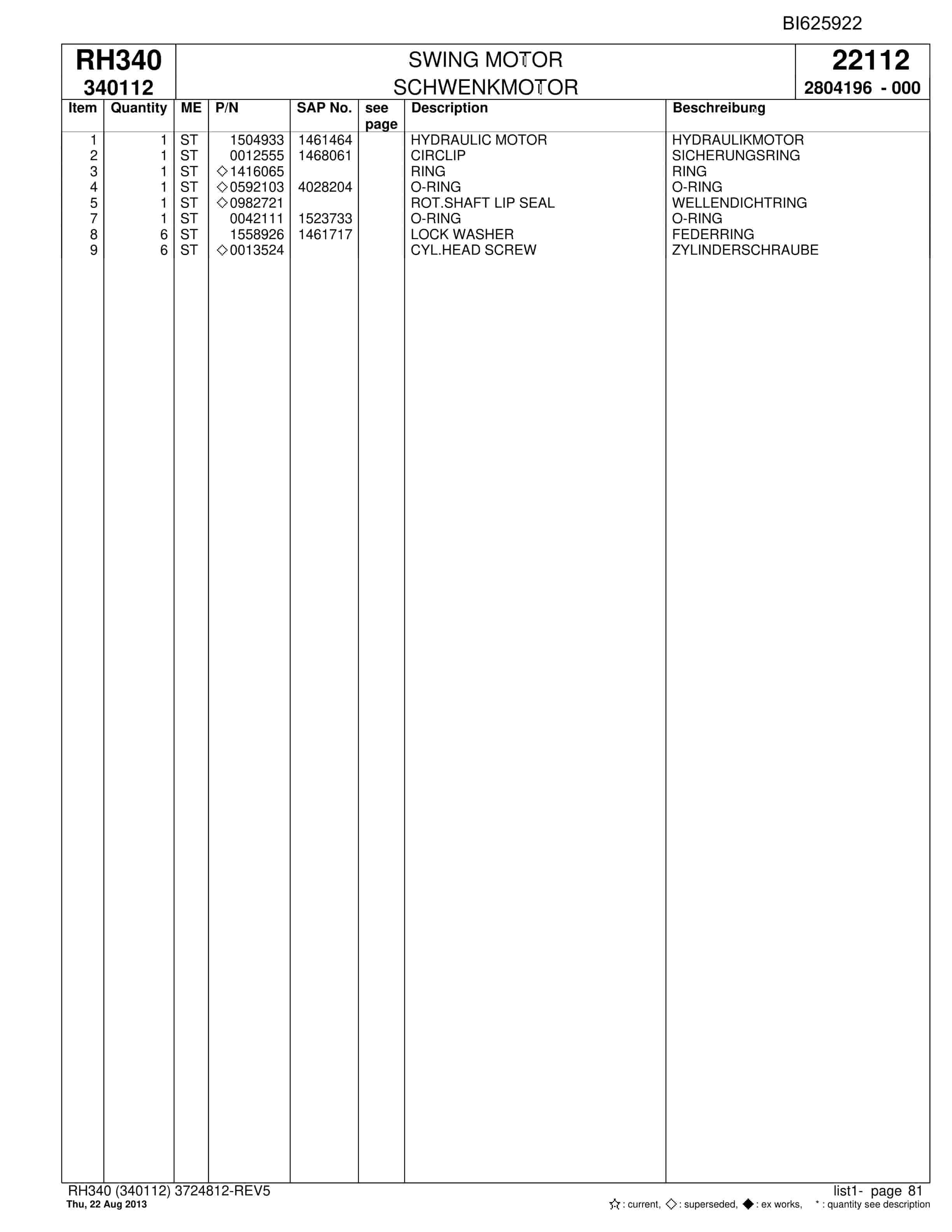 Bucyrus RH340 Hydraulic Excavator Parts Catalog BI625922-2