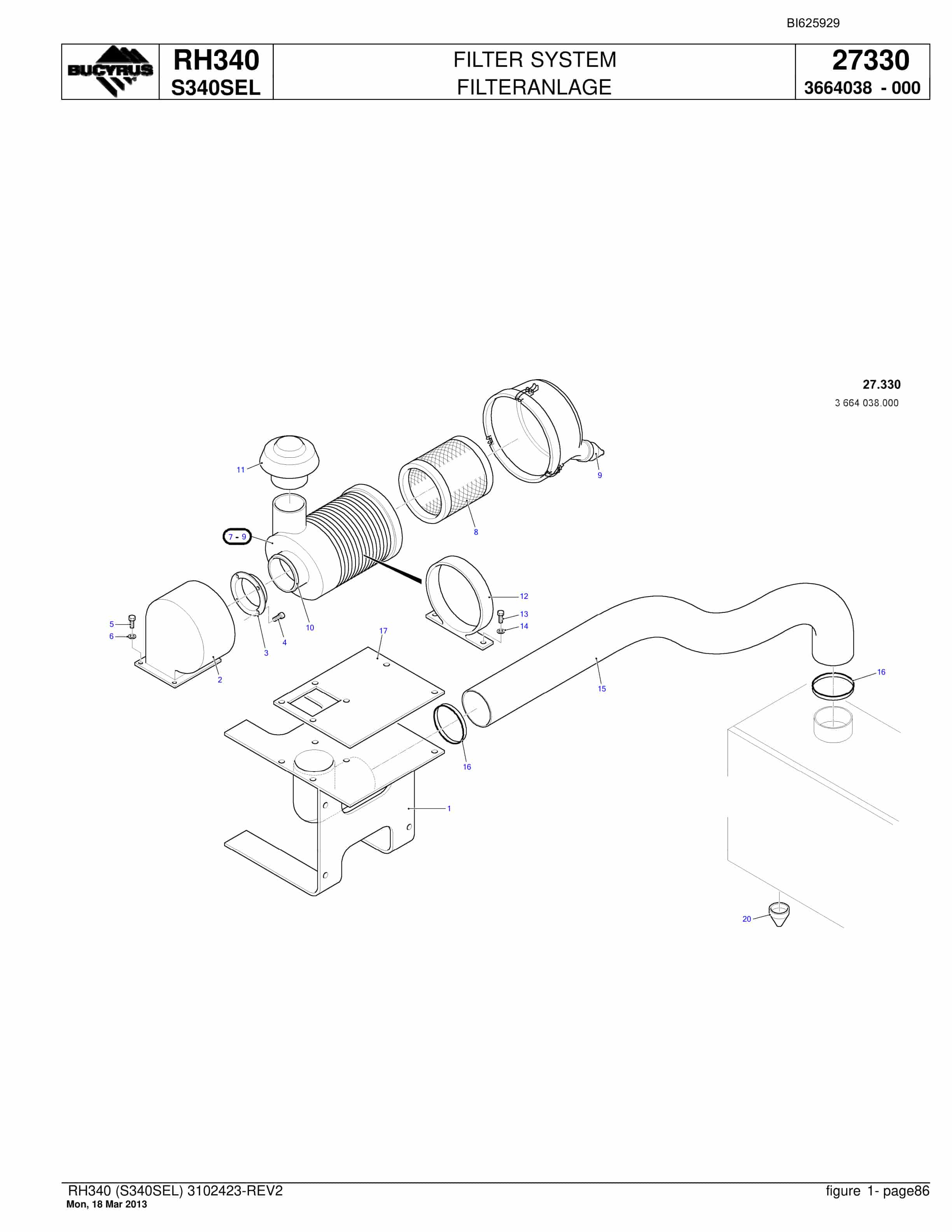 Bucyrus RH340 Hydraulic Excavator Parts Catalog BI625929-3