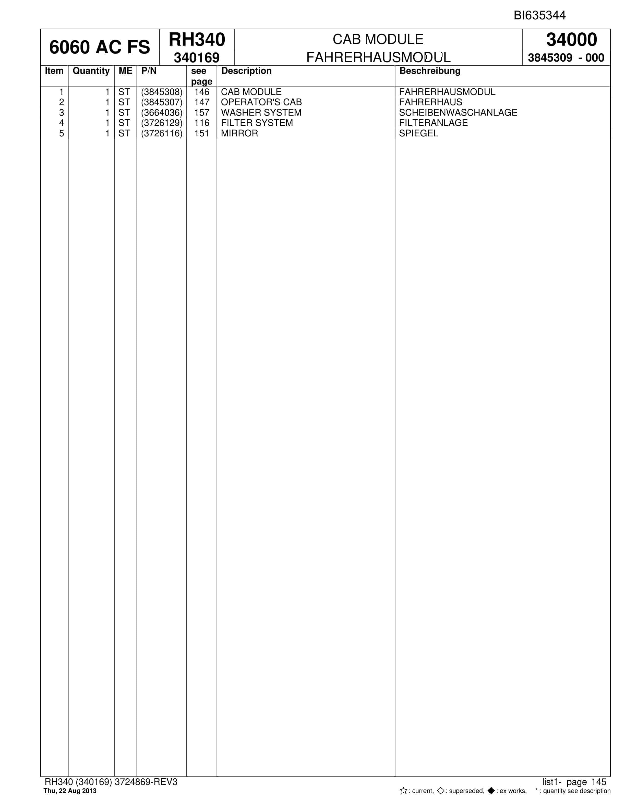 Bucyrus RH340 Hydraulic Excavator Parts Catalog BI635344-5