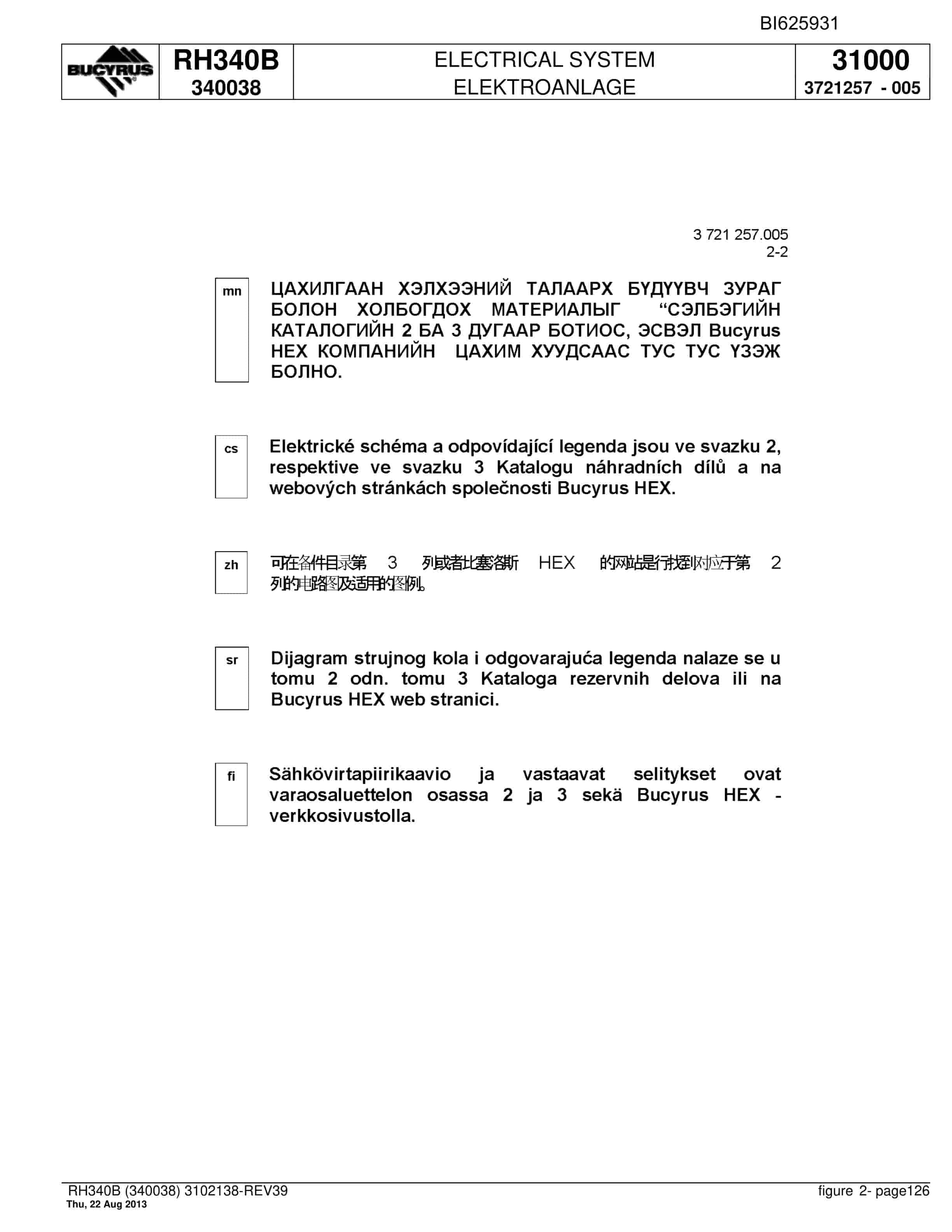 Bucyrus RH340B Hydraulic Excavator Parts Catalog BI625931-5