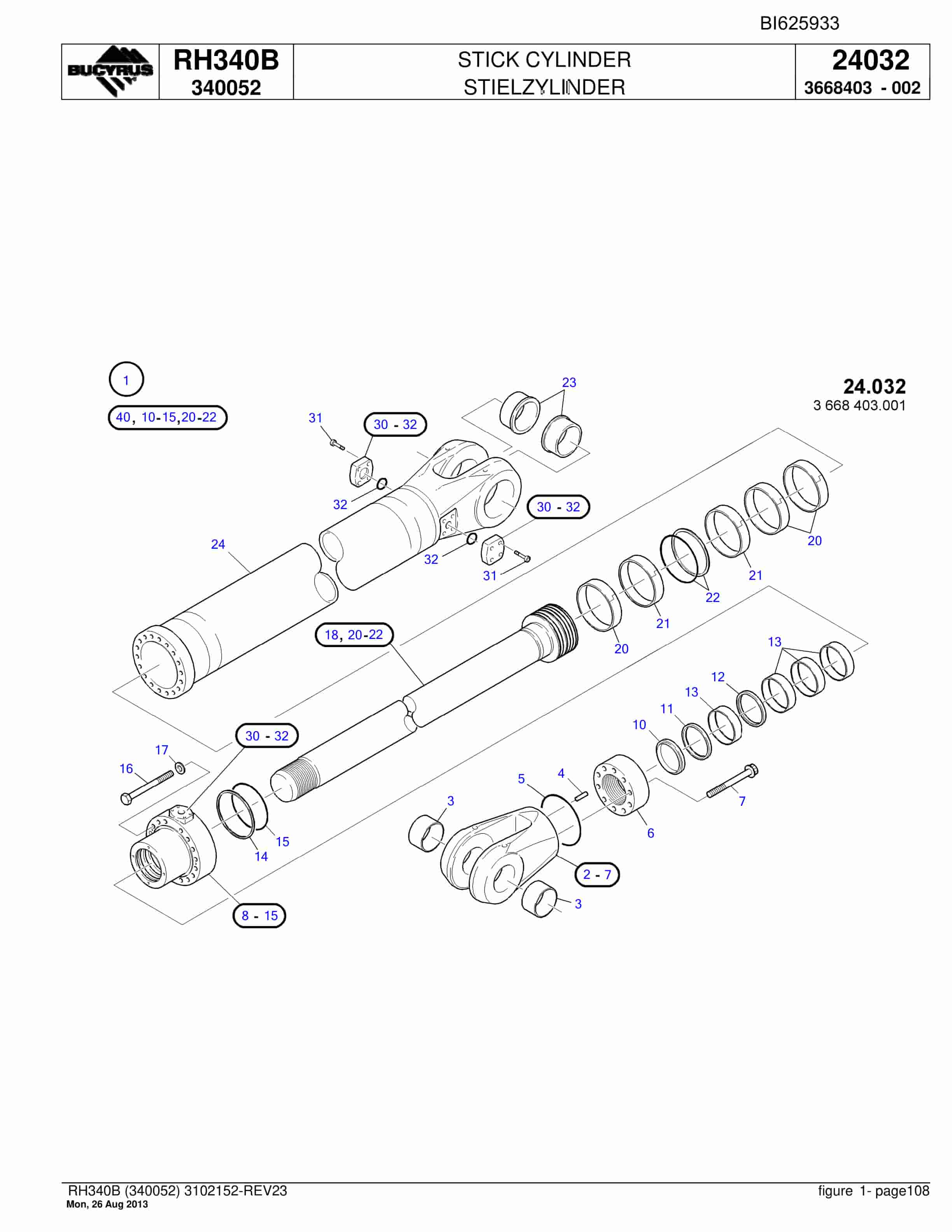 Bucyrus RH340B Hydraulic Excavator Parts Catalog BI625933-3