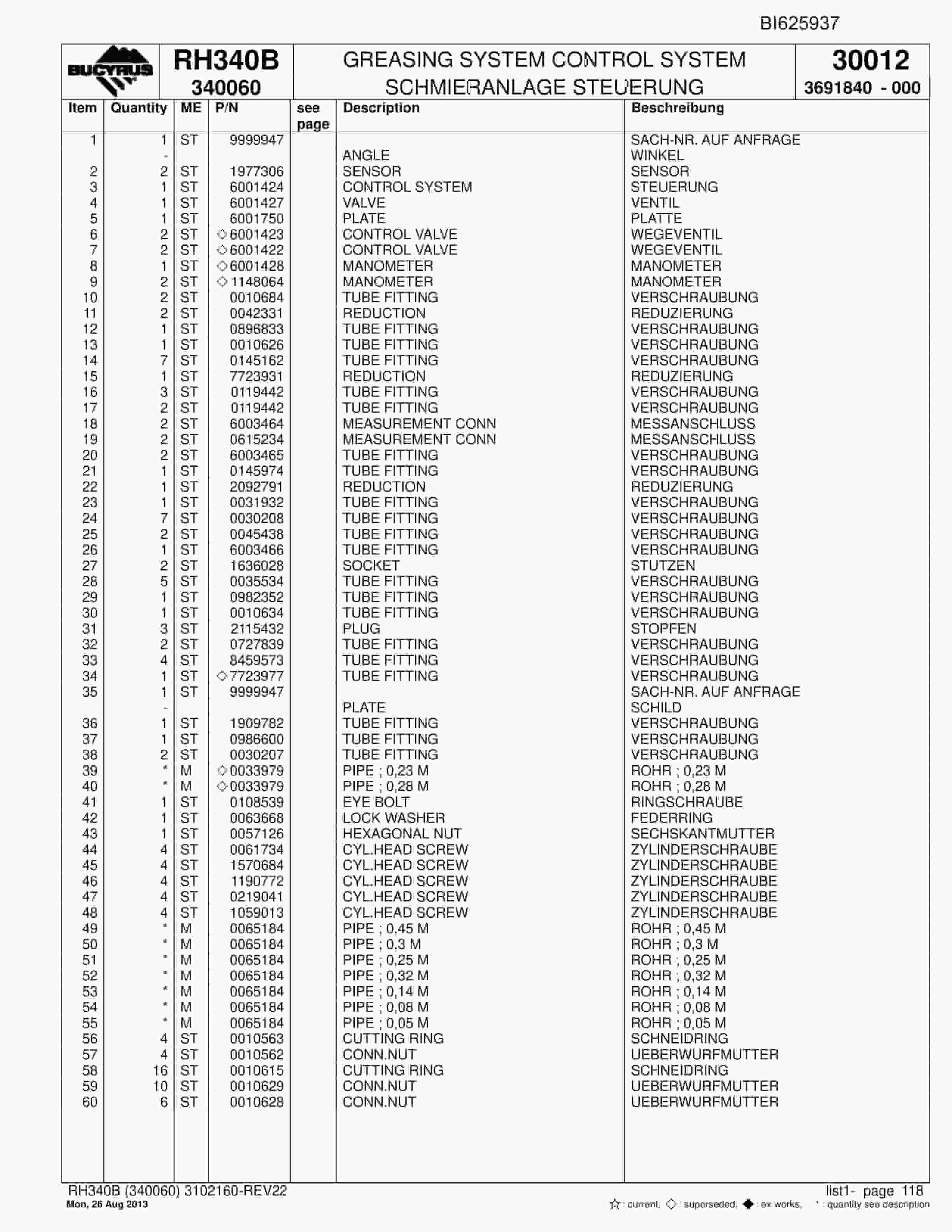 Bucyrus RH340B Hydraulic Excavator Parts Catalog BI625937-4