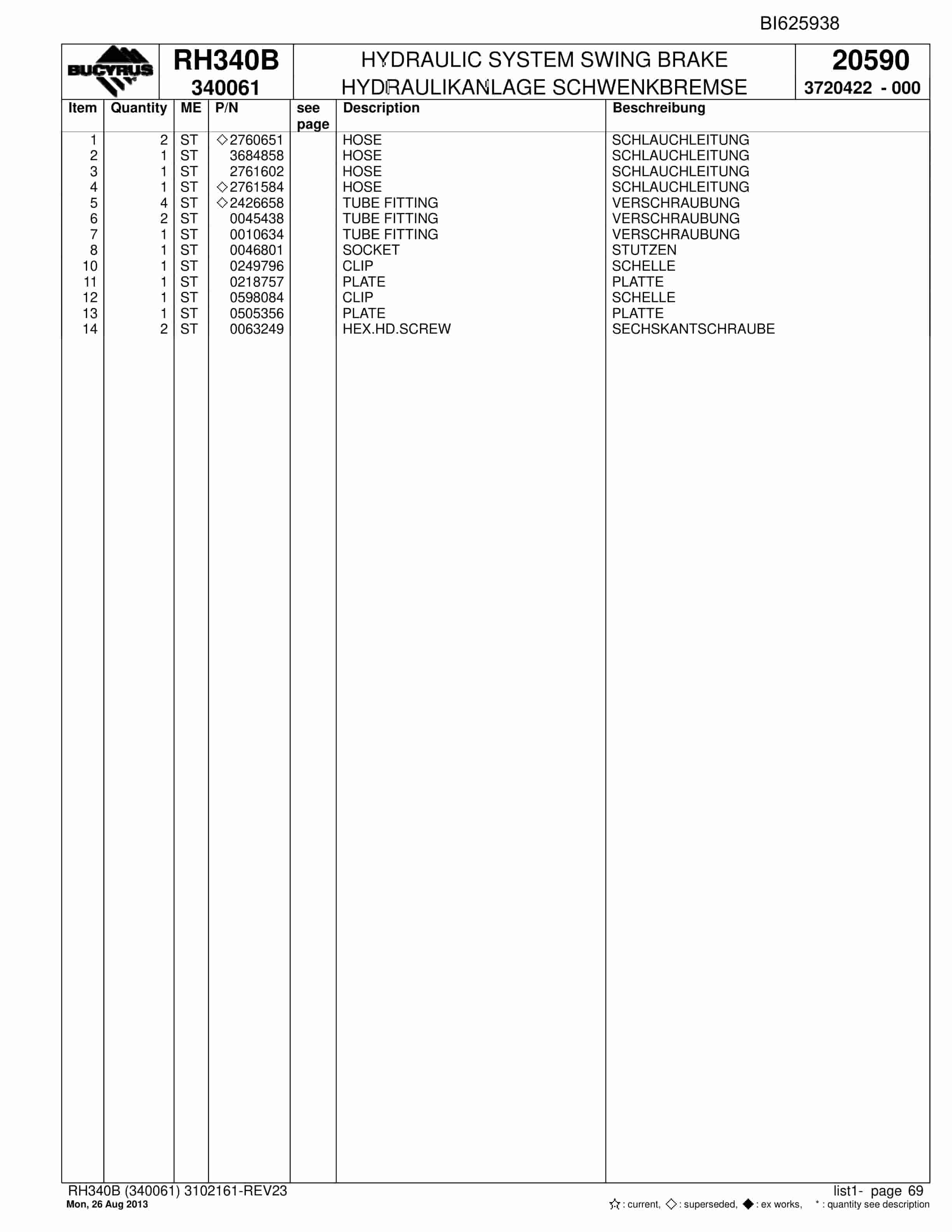 Bucyrus RH340B Hydraulic Excavator Parts Catalog BI625938-2