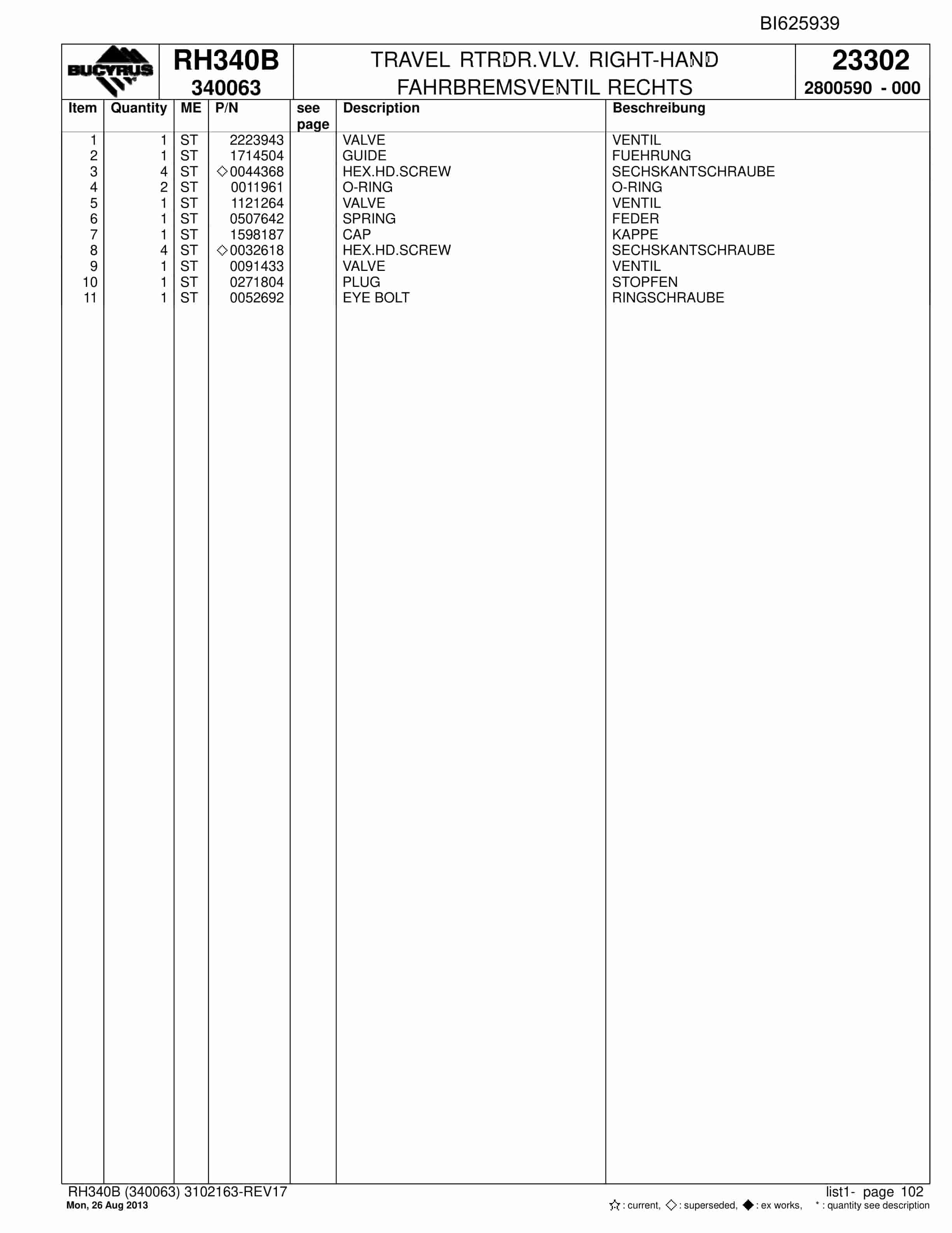 Bucyrus RH340B Hydraulic Excavator Parts Catalog BI625939-3