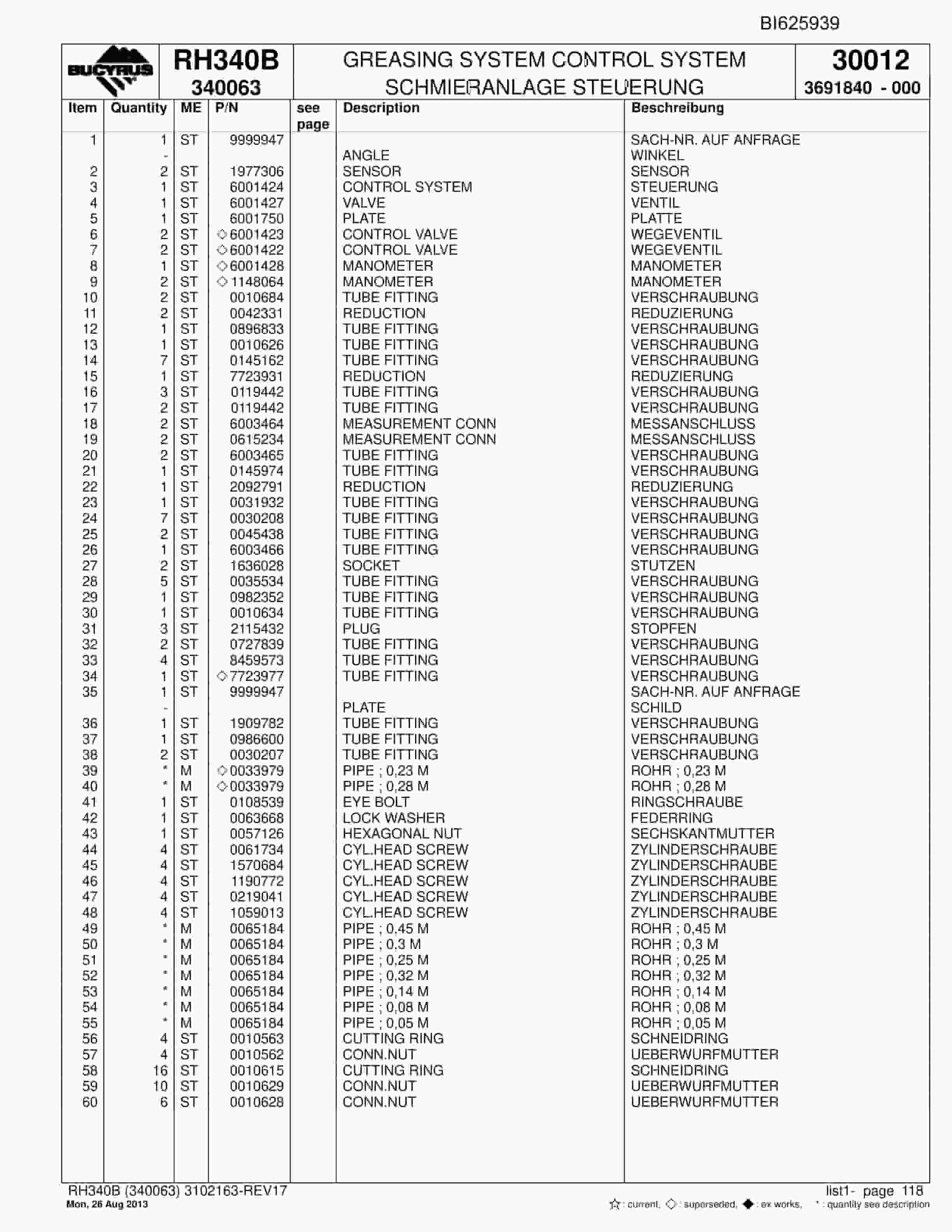 Bucyrus RH340B Hydraulic Excavator Parts Catalog BI625939-4