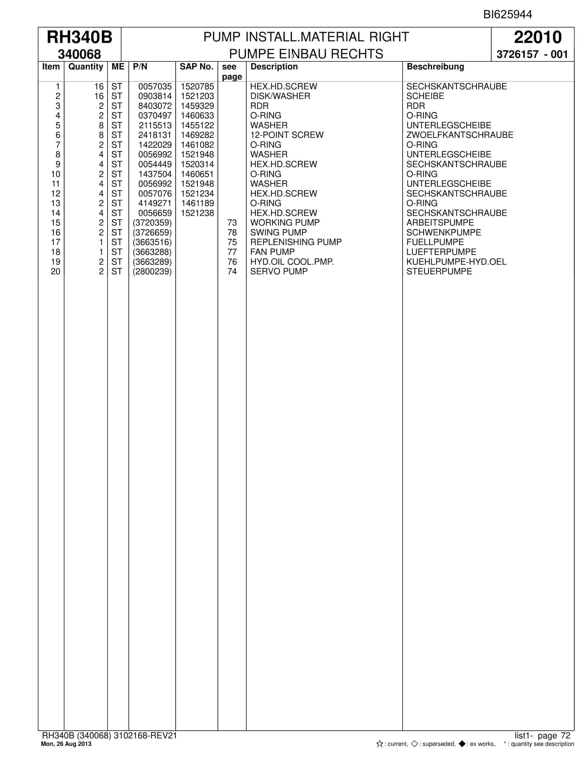 Bucyrus RH340B Hydraulic Excavator Parts Catalog BI625944-2
