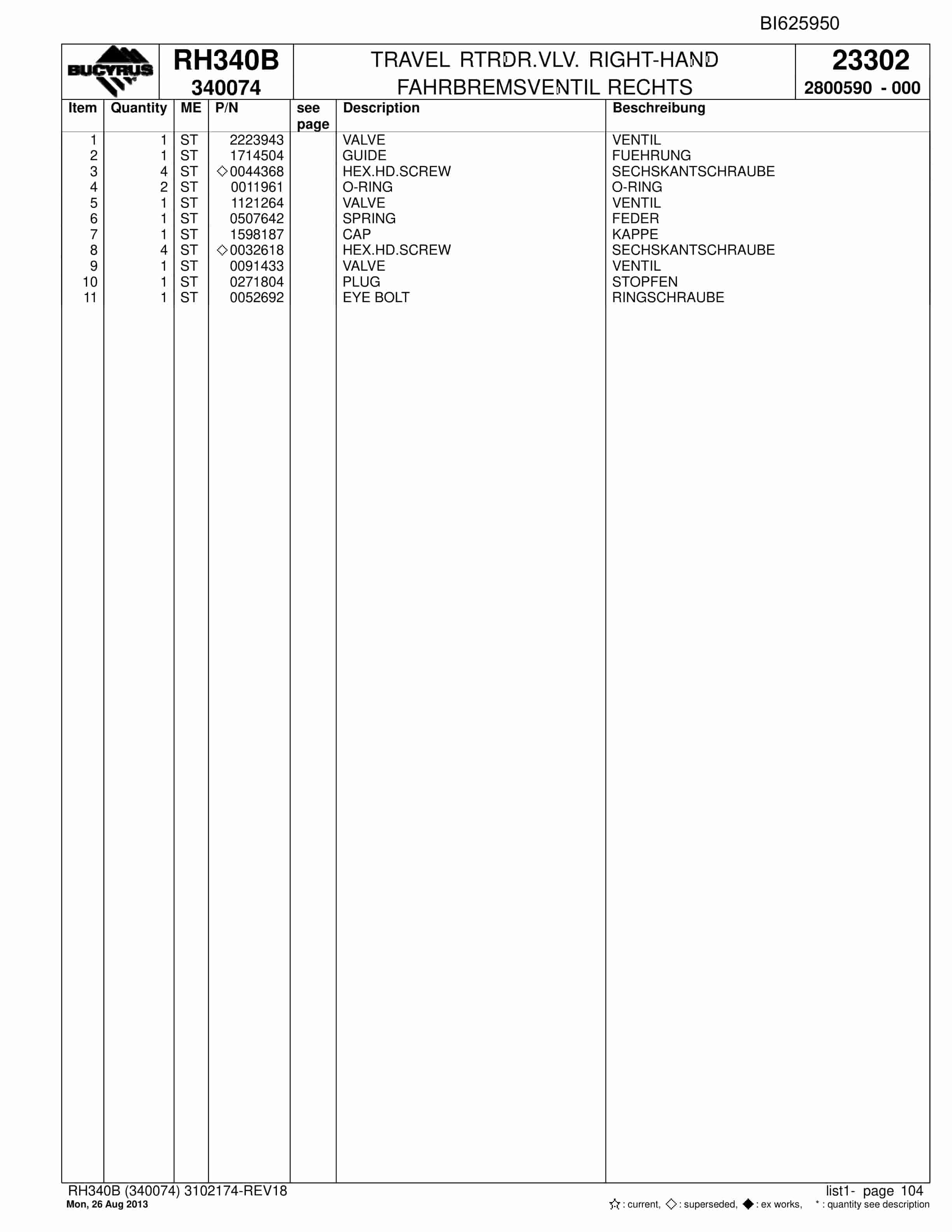 Bucyrus RH340B Hydraulic Excavator Parts Catalog BI625950-3
