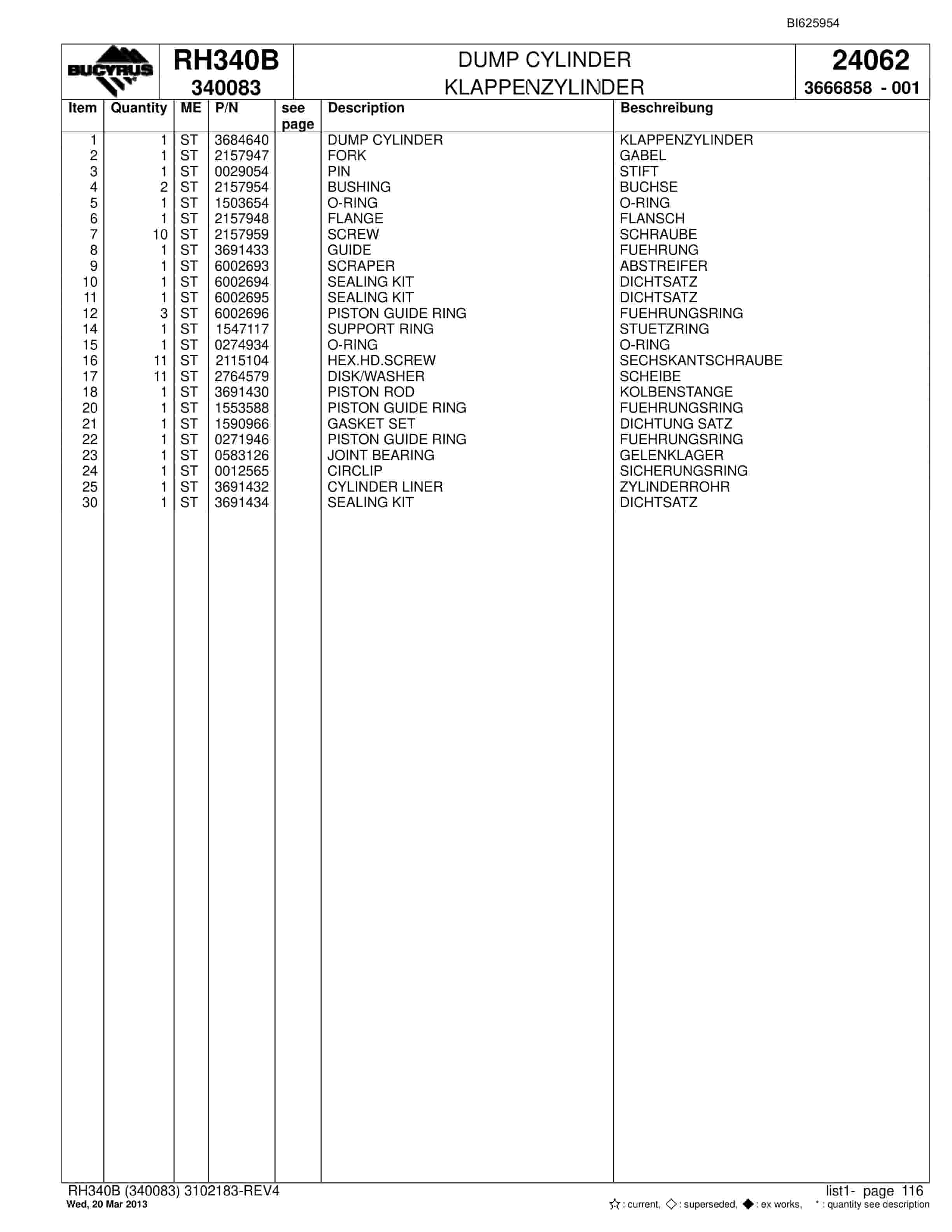 Bucyrus RH340B Hydraulic Excavator Parts Catalog BI625954-3
