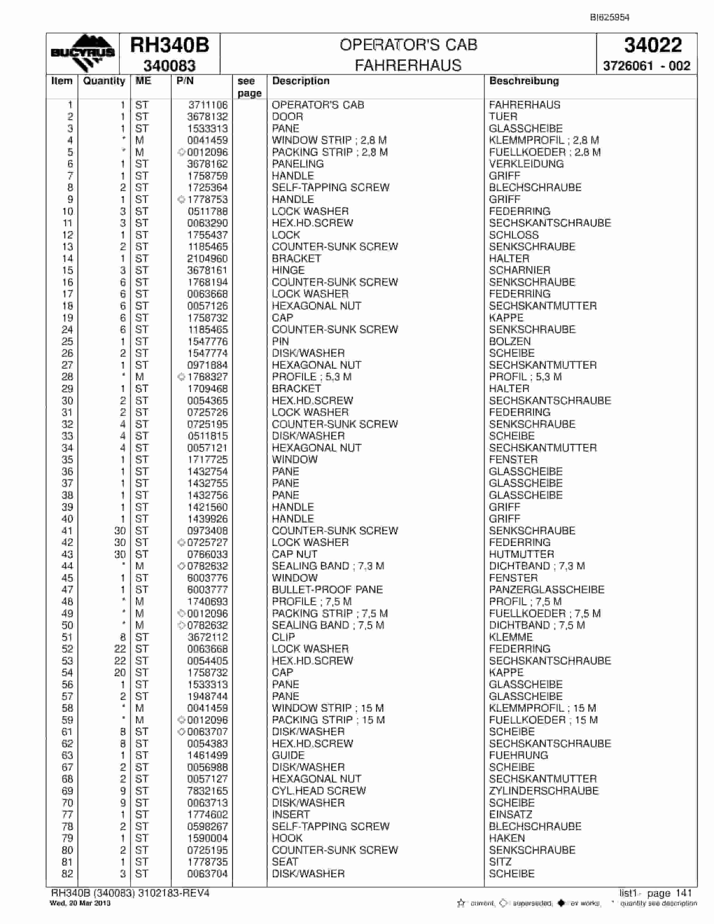 Bucyrus RH340B Hydraulic Excavator Parts Catalog BI625954-5