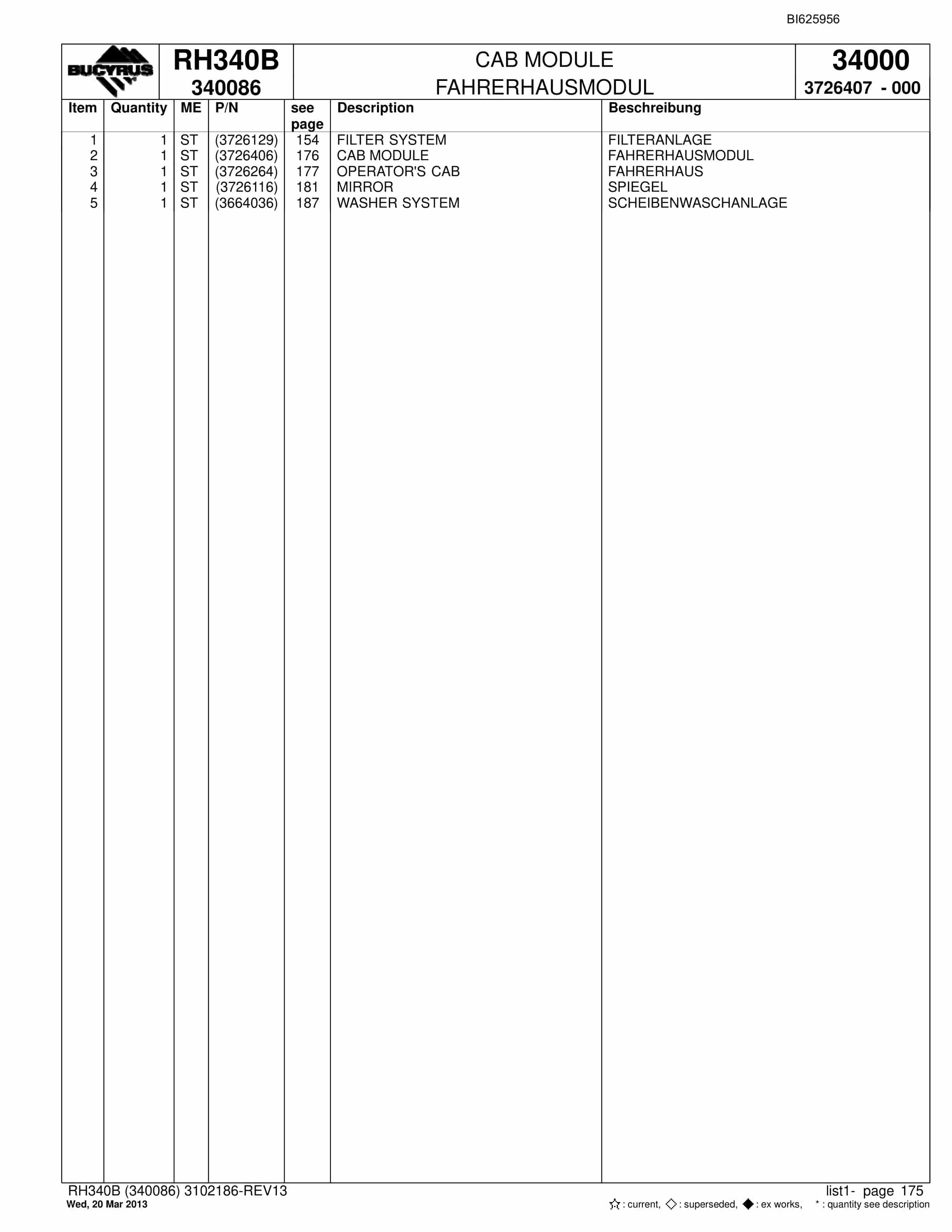 Bucyrus RH340B Hydraulic Excavator Parts Catalog BI625956-5