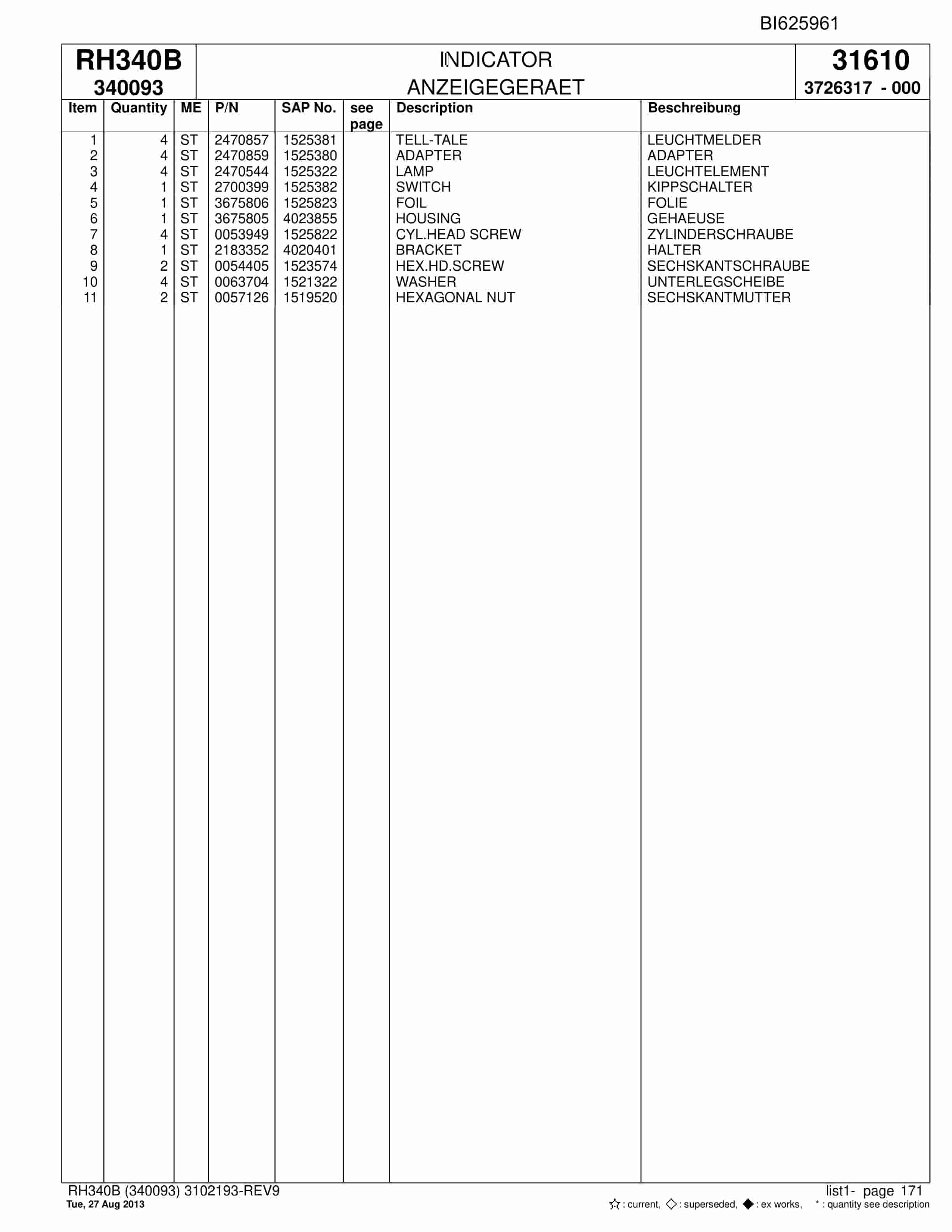 Bucyrus RH340B Hydraulic Excavator Parts Catalog BI625961-5