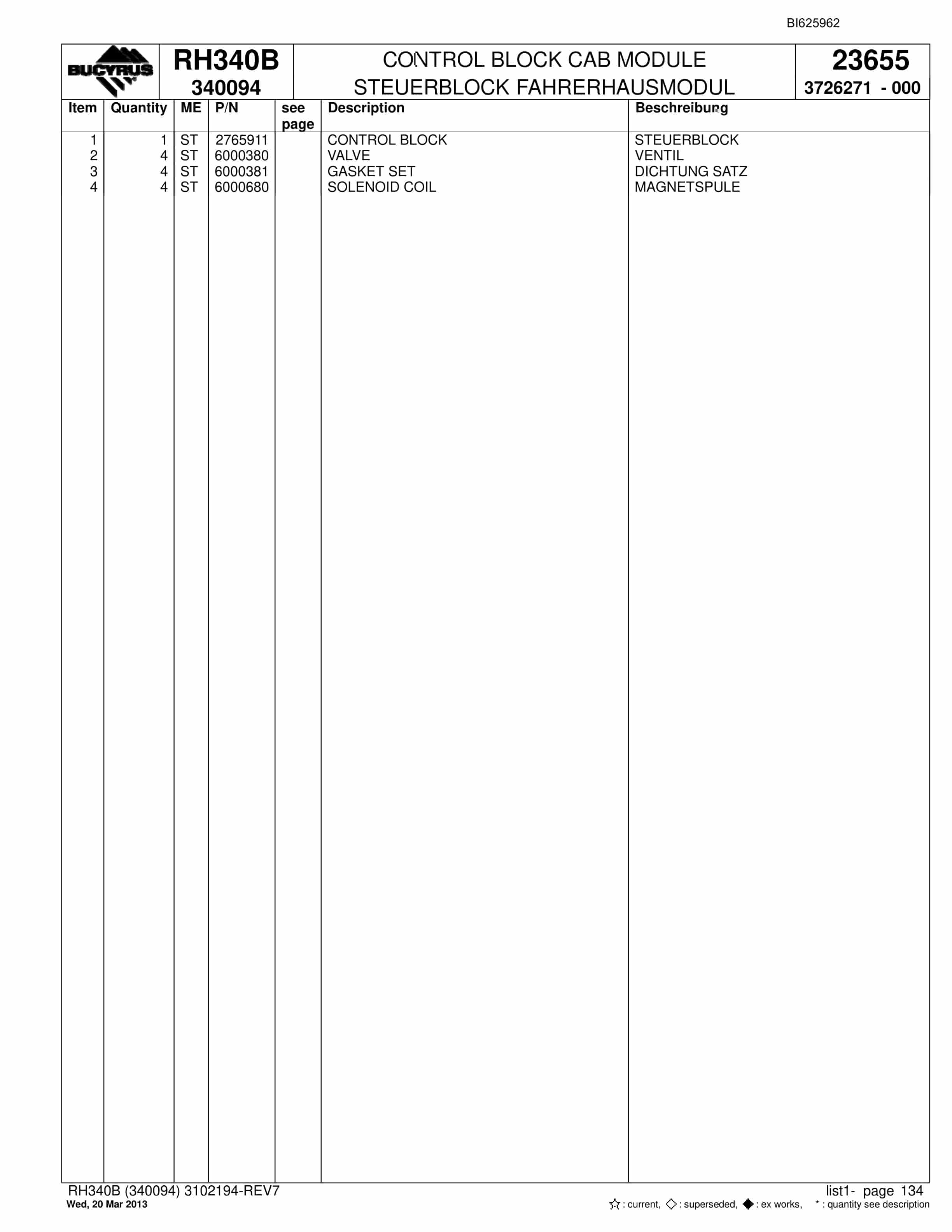 Bucyrus RH340B Hydraulic Excavator Parts Catalog BI625962-3