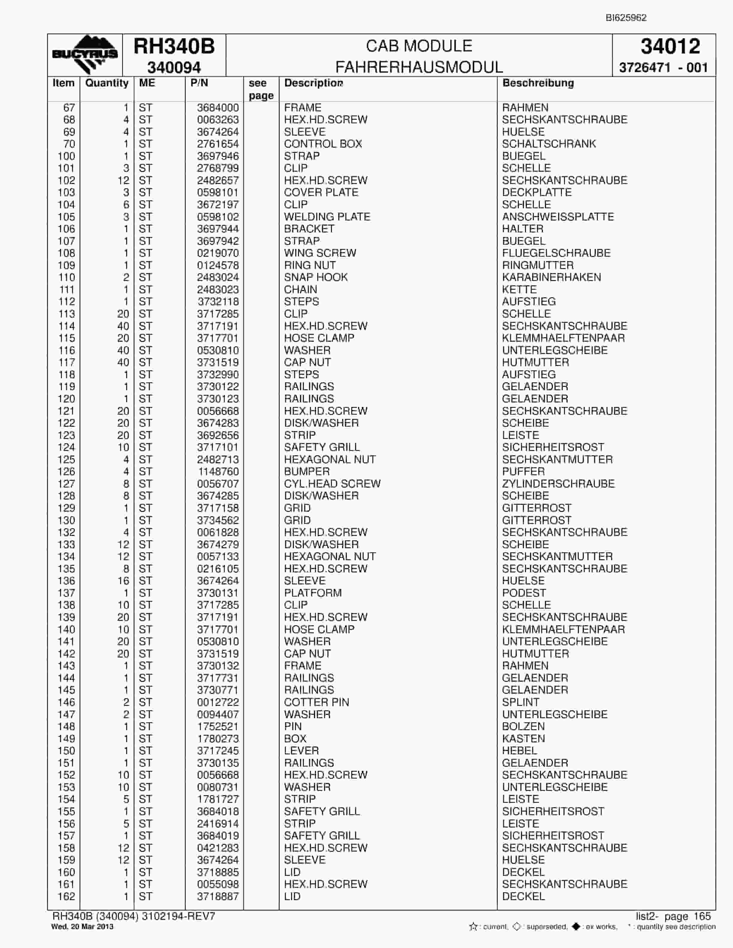 Bucyrus RH340B Hydraulic Excavator Parts Catalog BI625962-5