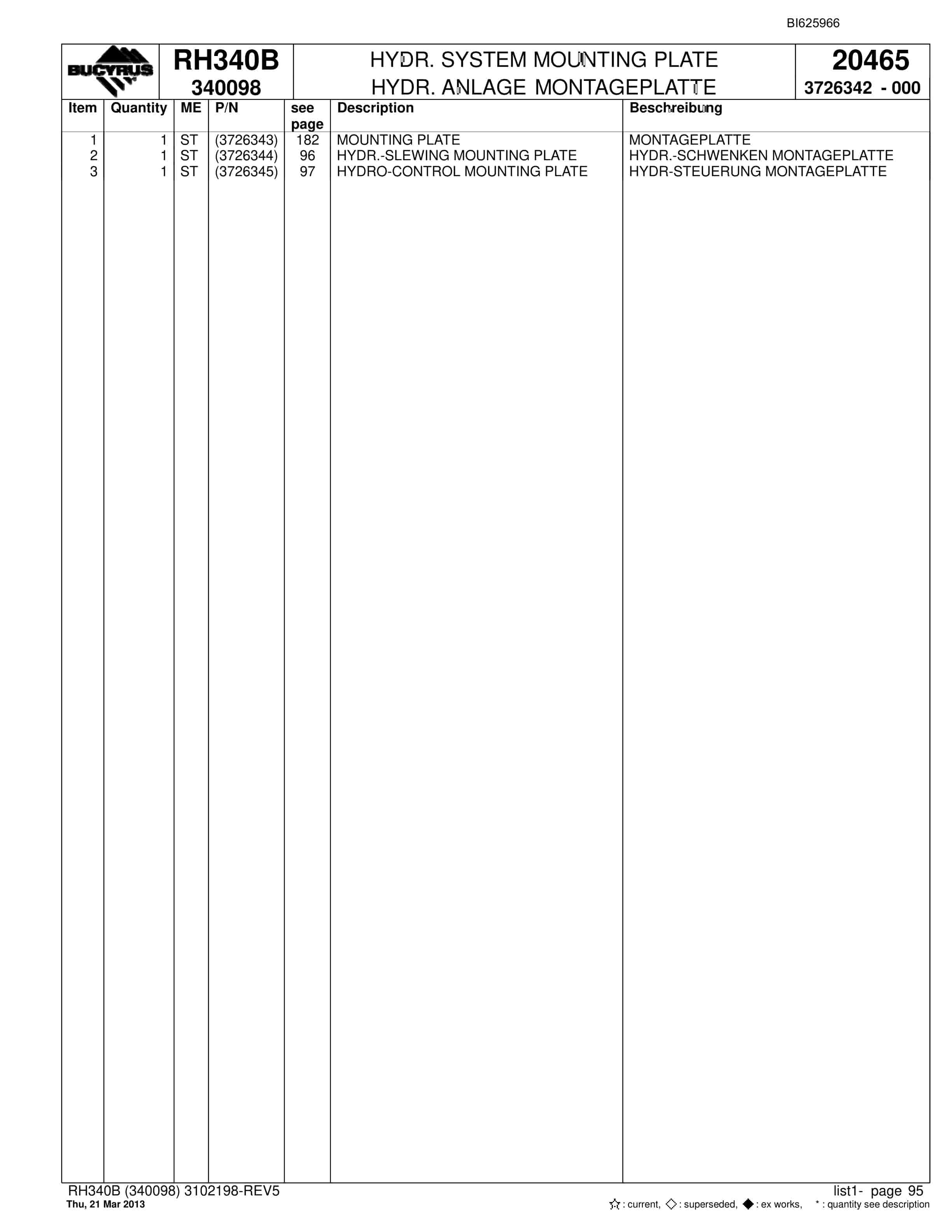 Bucyrus RH340B Hydraulic Excavator Parts Catalog BI625966-2