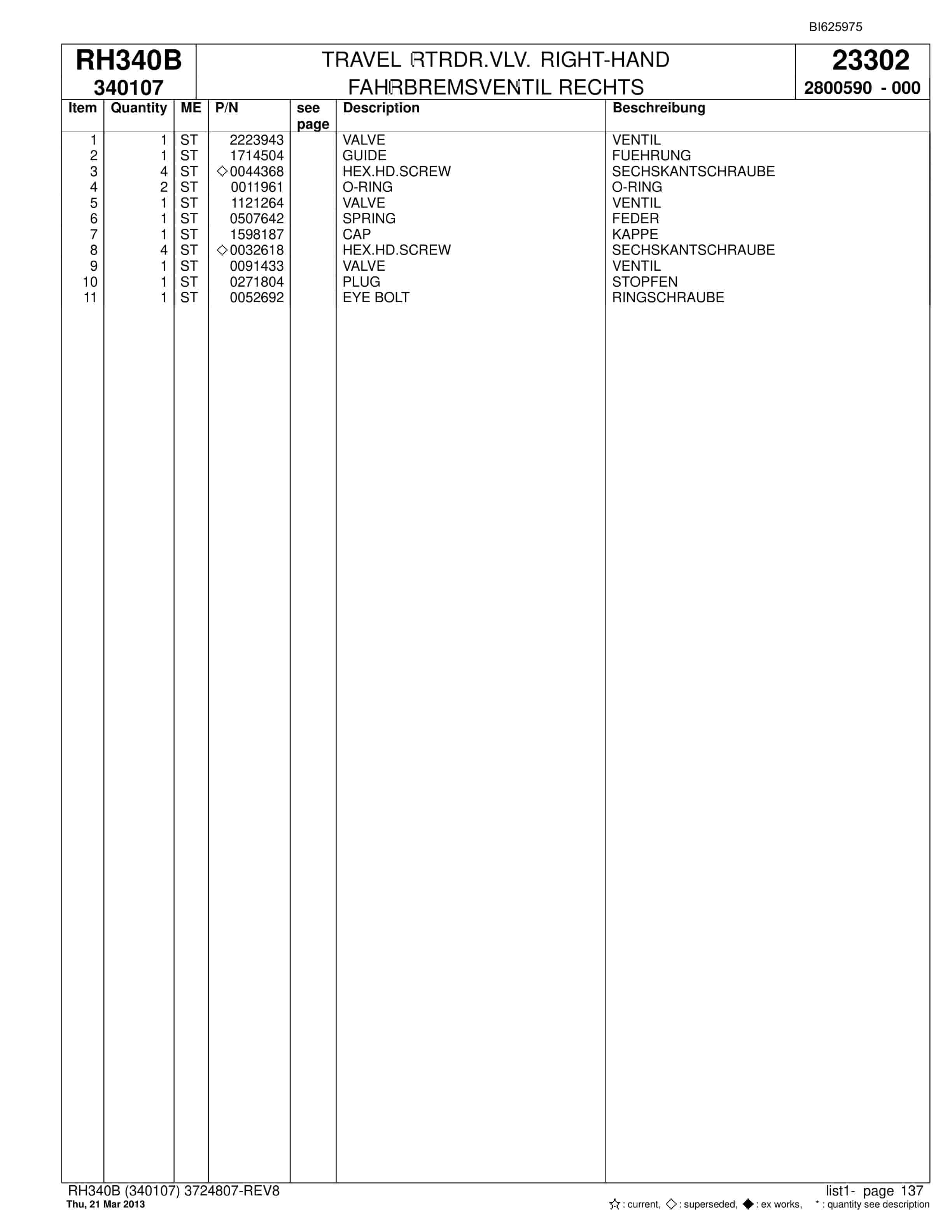 Bucyrus RH340B Hydraulic Excavator Parts Catalog BI625975-3