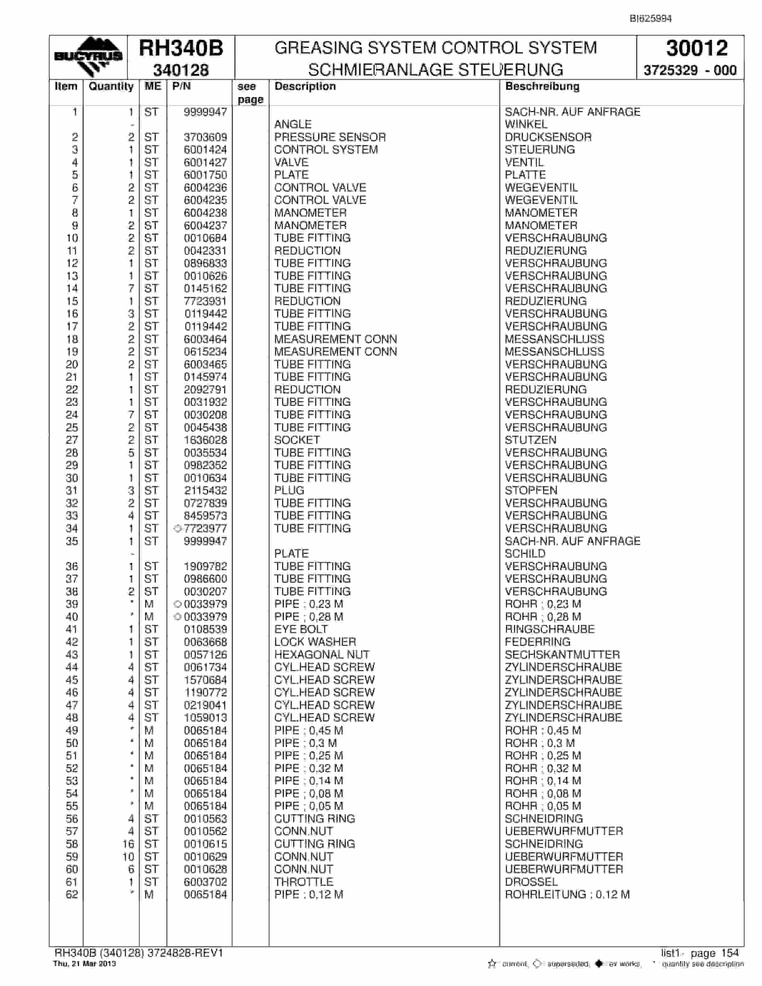 Bucyrus RH340B Hydraulic Excavator Parts Catalog BI625994-4