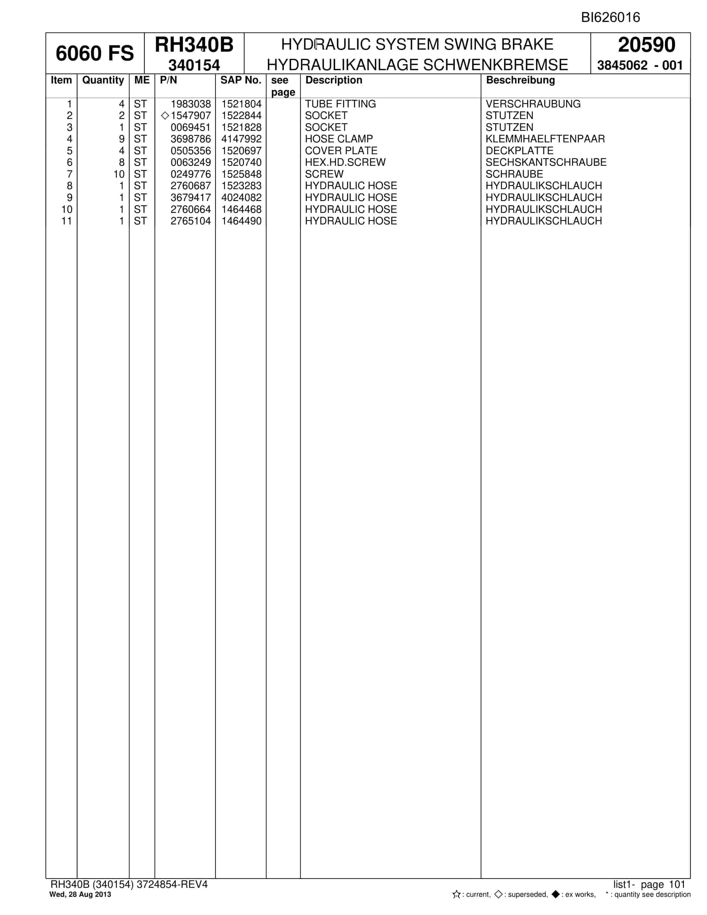 Bucyrus RH340B Hydraulic Excavator Parts Catalog BI626016-2