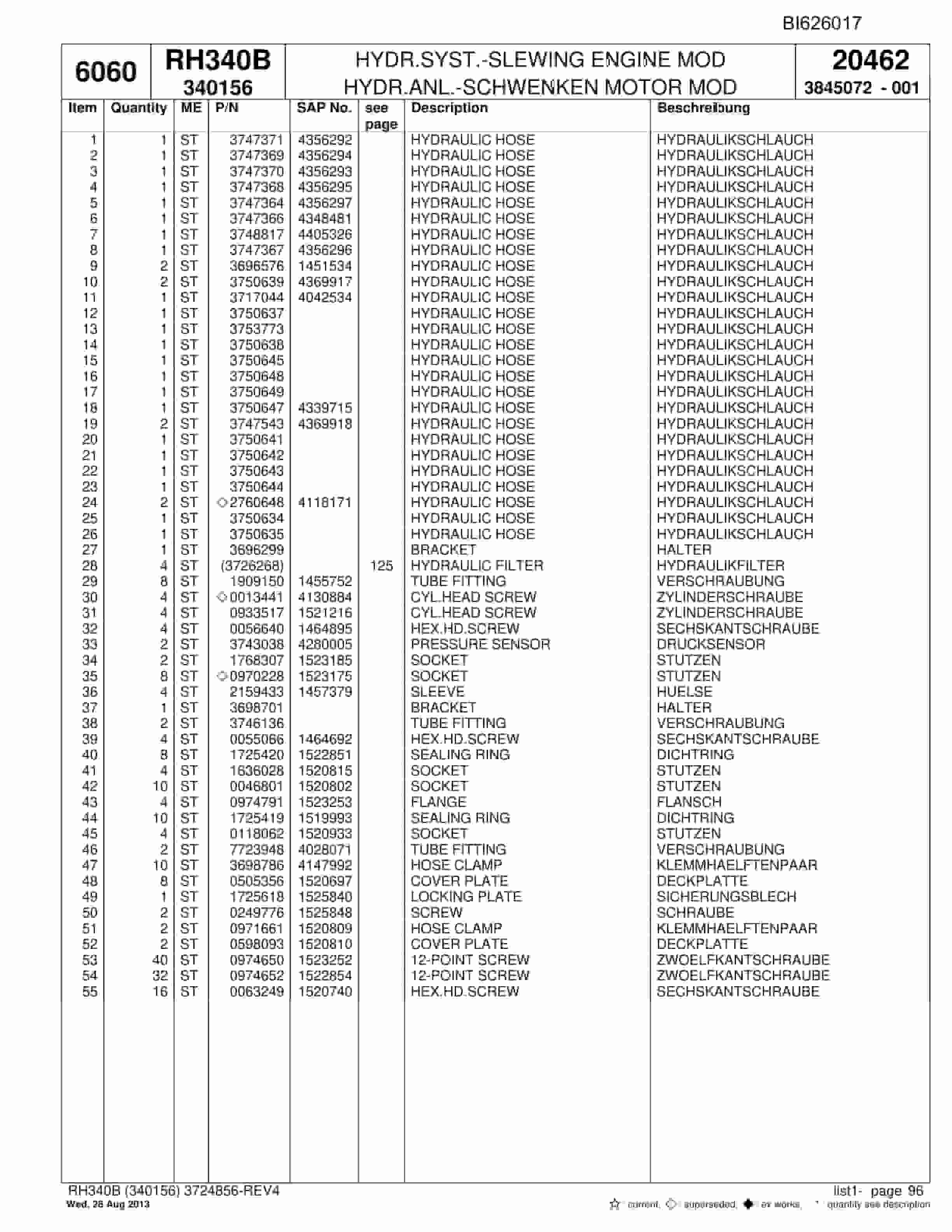 Bucyrus RH340B Hydraulic Excavator Parts Catalog BI626017-2