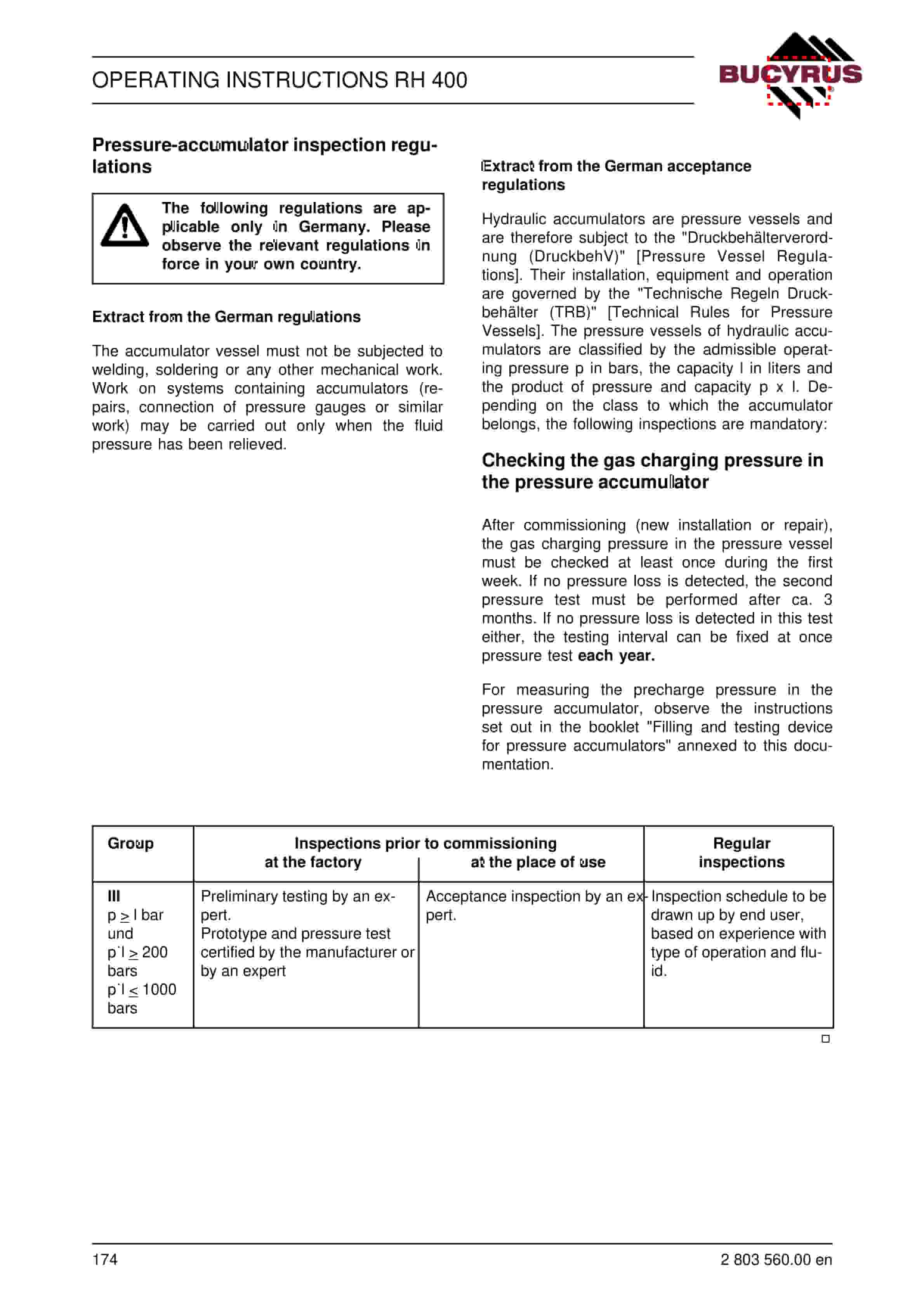 Bucyrus RH400 Hydraulic Excavator Operating Instructions 2803560-5