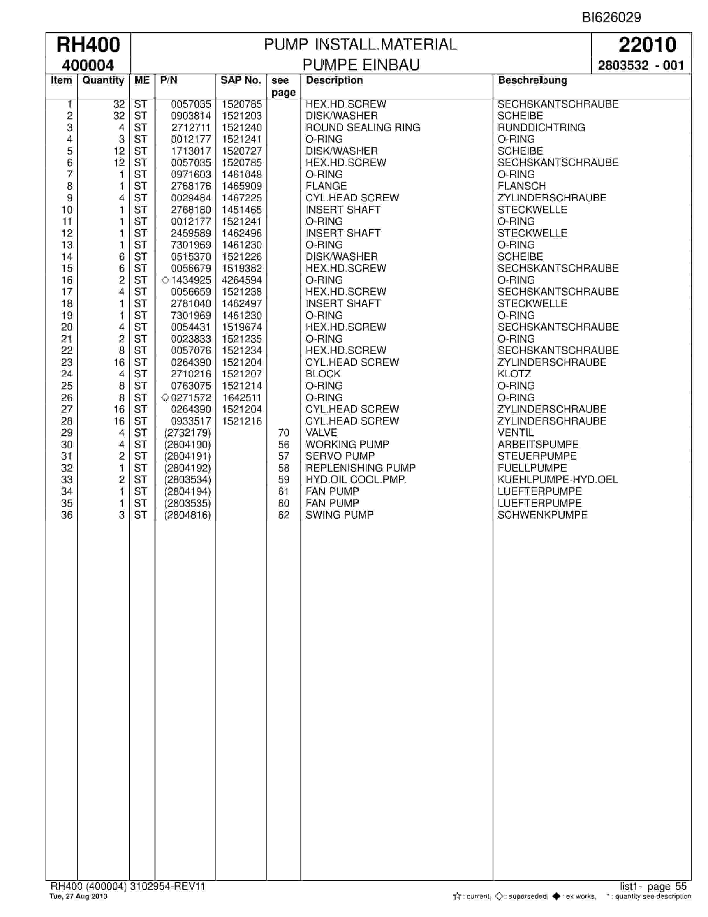 Bucyrus RH400 Hydraulic Excavator Parts Catalog BI626029-2