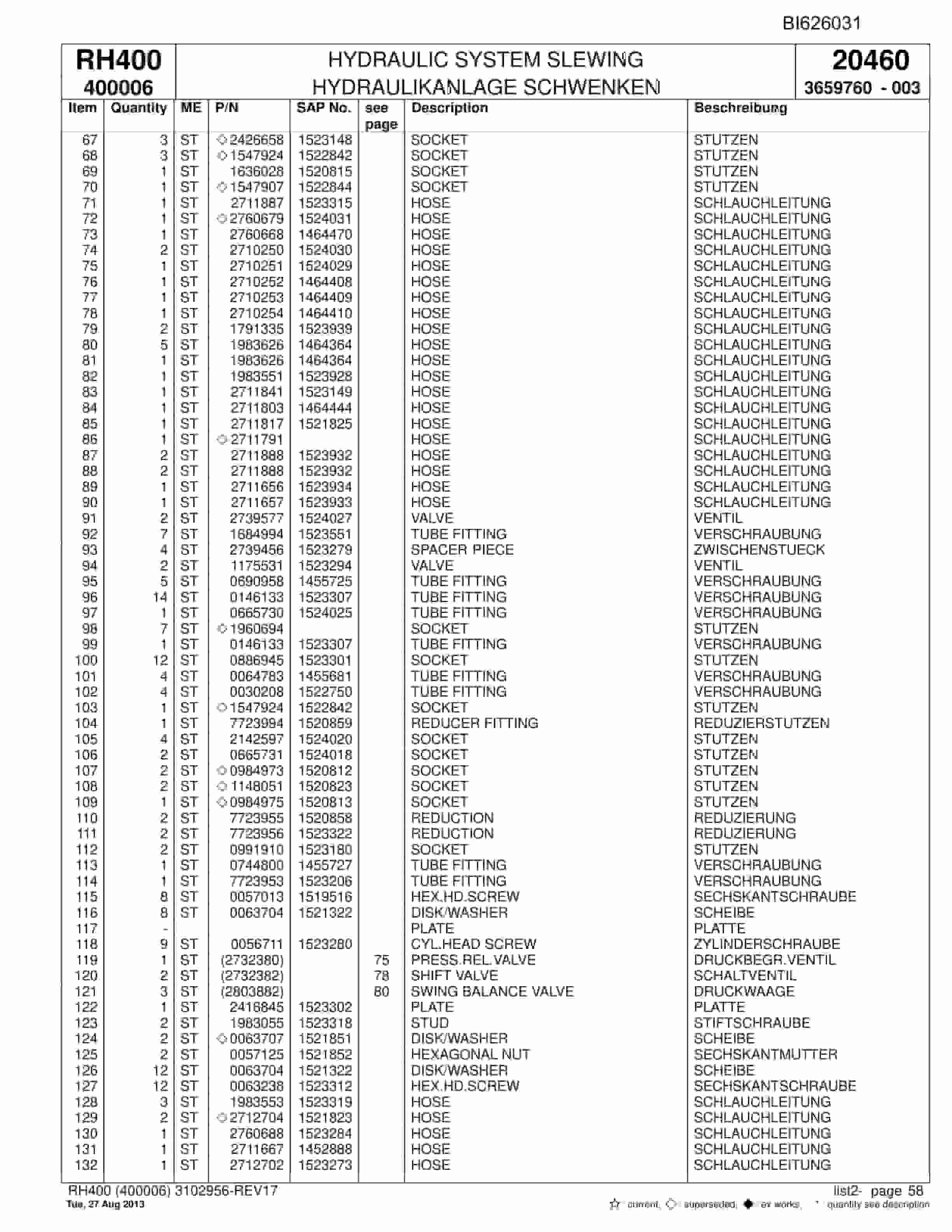 Bucyrus RH400 Hydraulic Excavator Parts Catalog BI626031-2