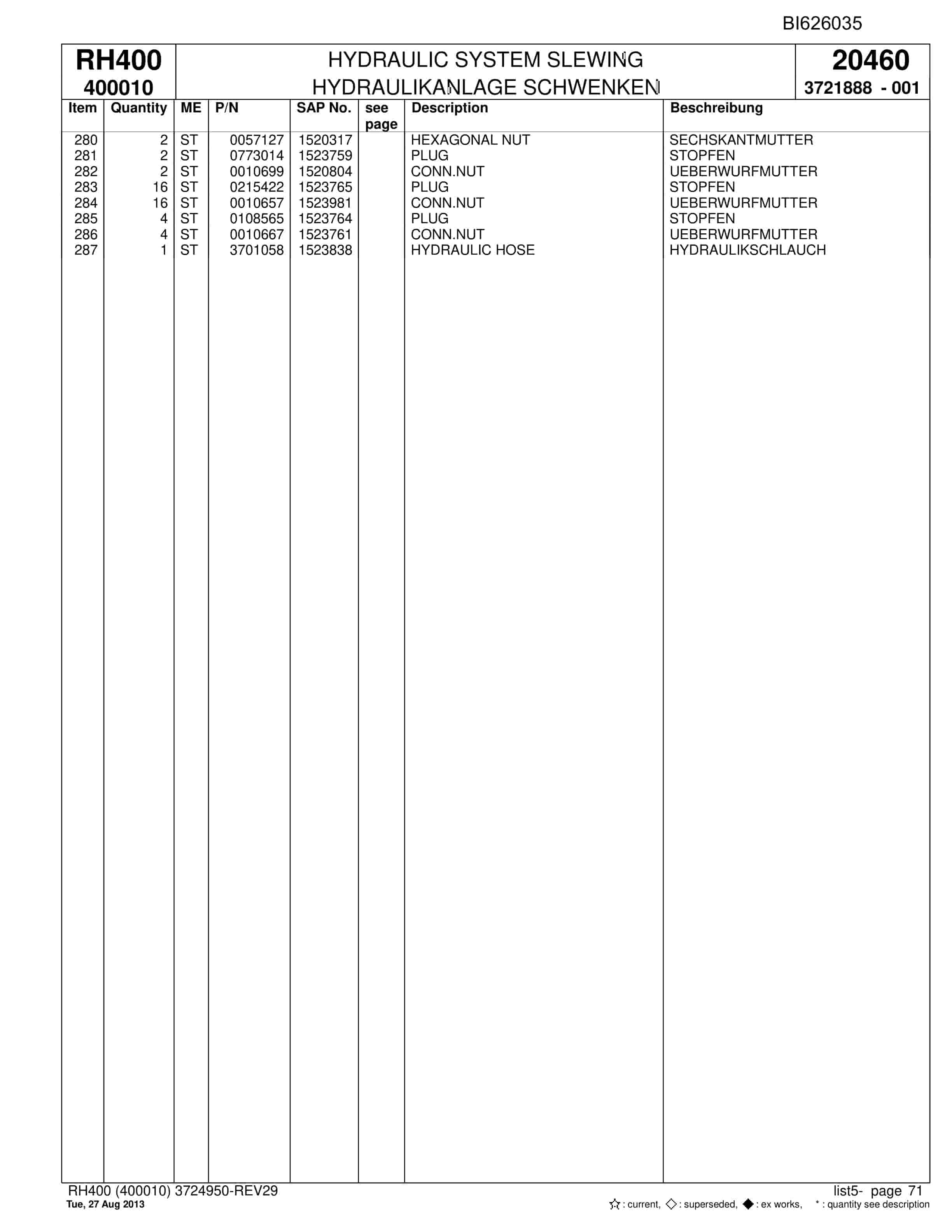 Bucyrus RH400 Hydraulic Excavator Parts Catalog BI626035-2
