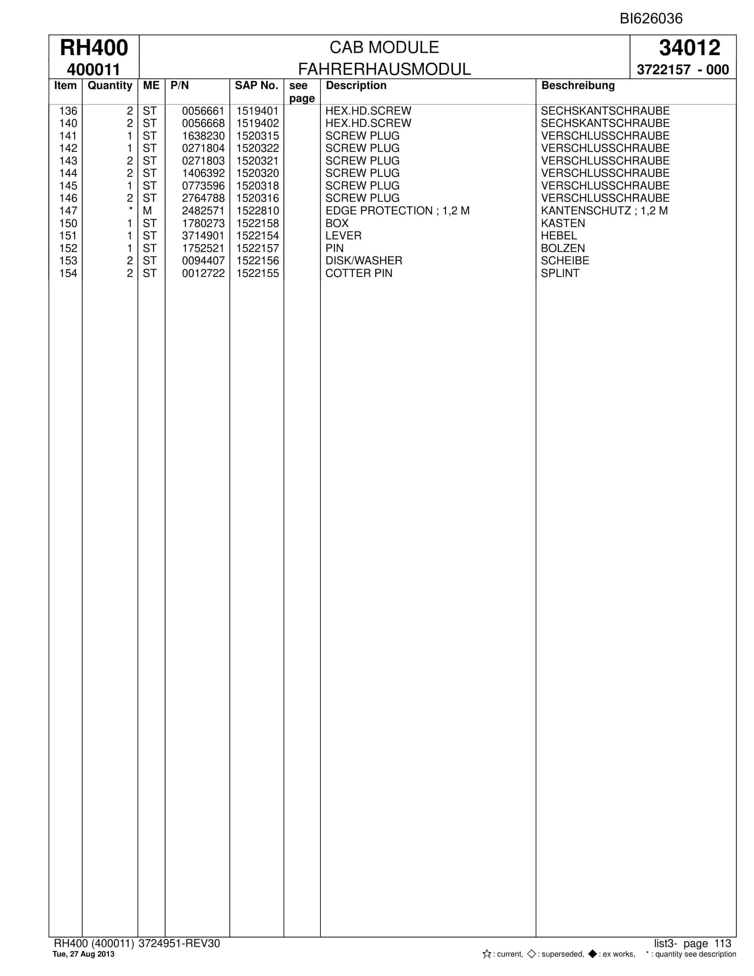 Bucyrus RH400 Hydraulic Excavator Parts Catalog BI626036-5