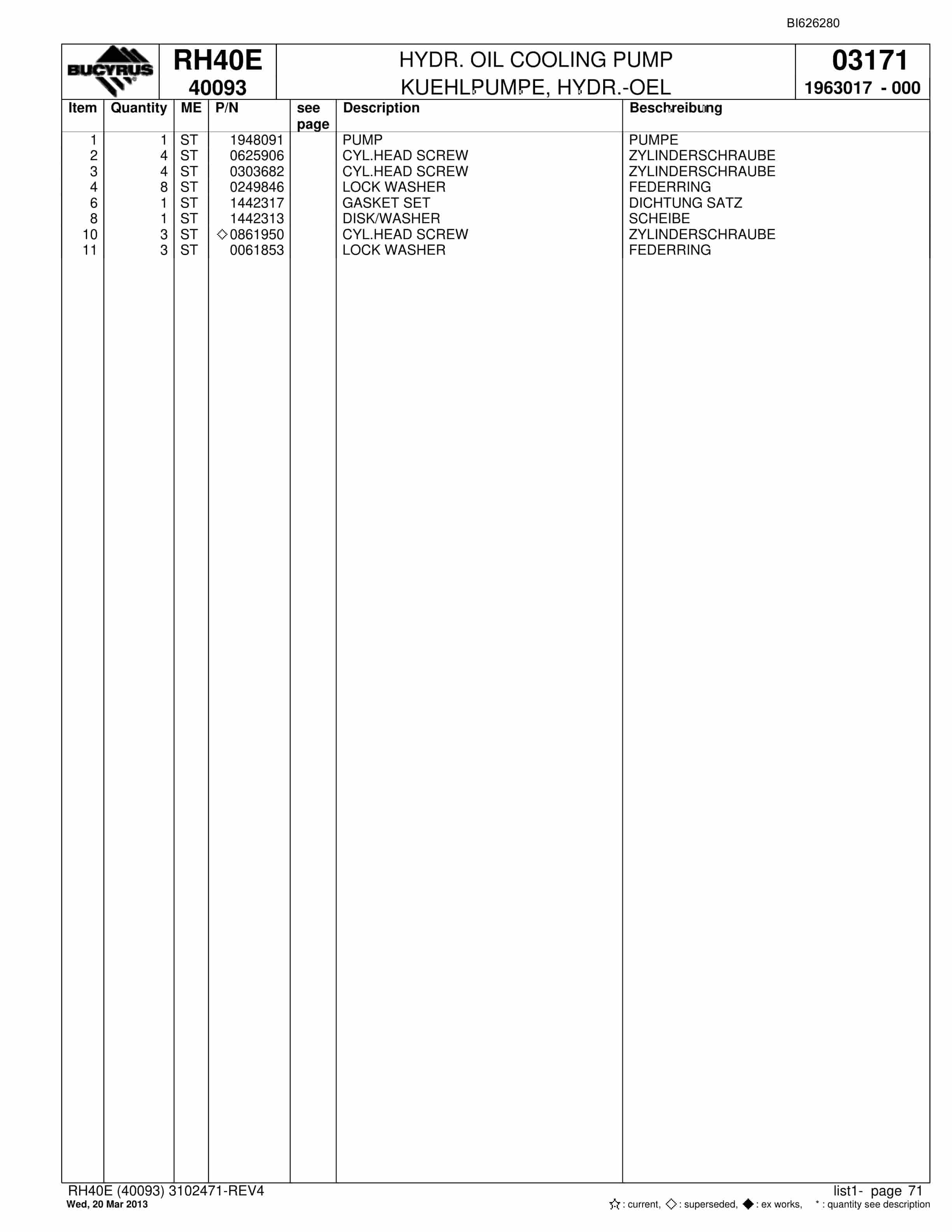 Bucyrus RH40E Hydraulic Excavator Parts Catalog BI626280-5
