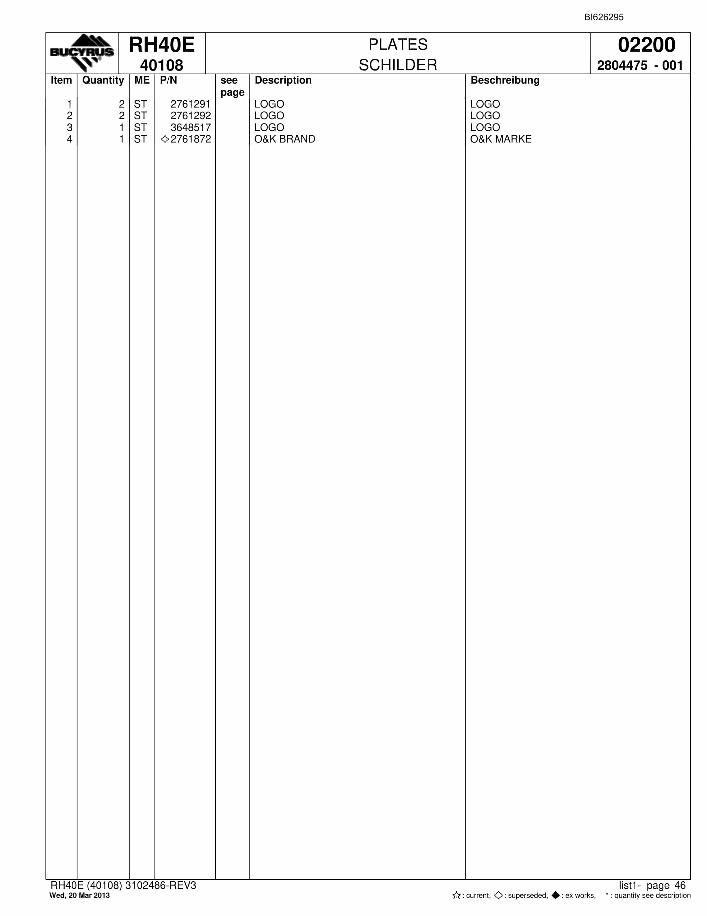 Bucyrus RH40E Hydraulic Excavator Parts Catalog BI626295-2