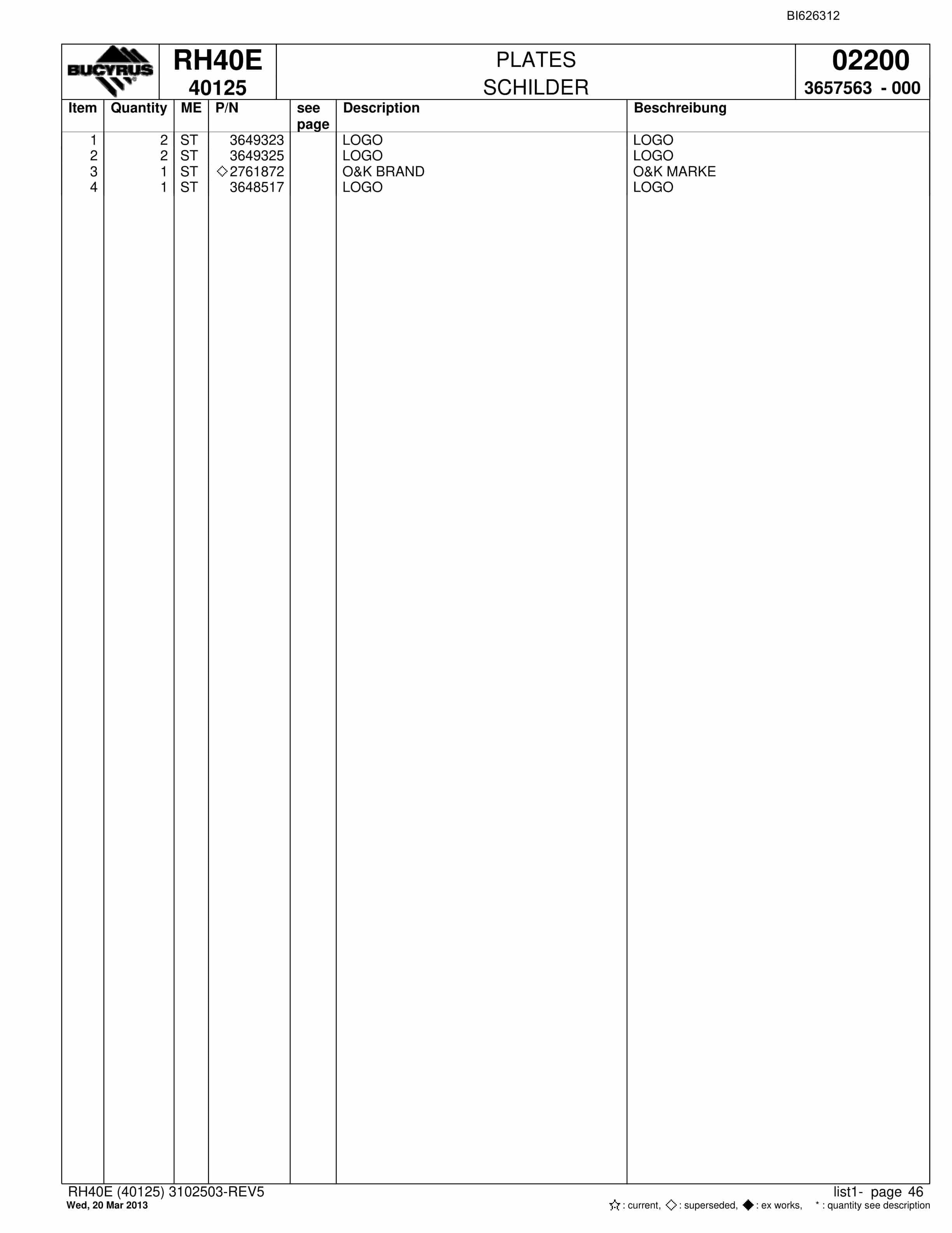 Bucyrus RH40E Hydraulic Excavator Parts Catalog BI626312-2
