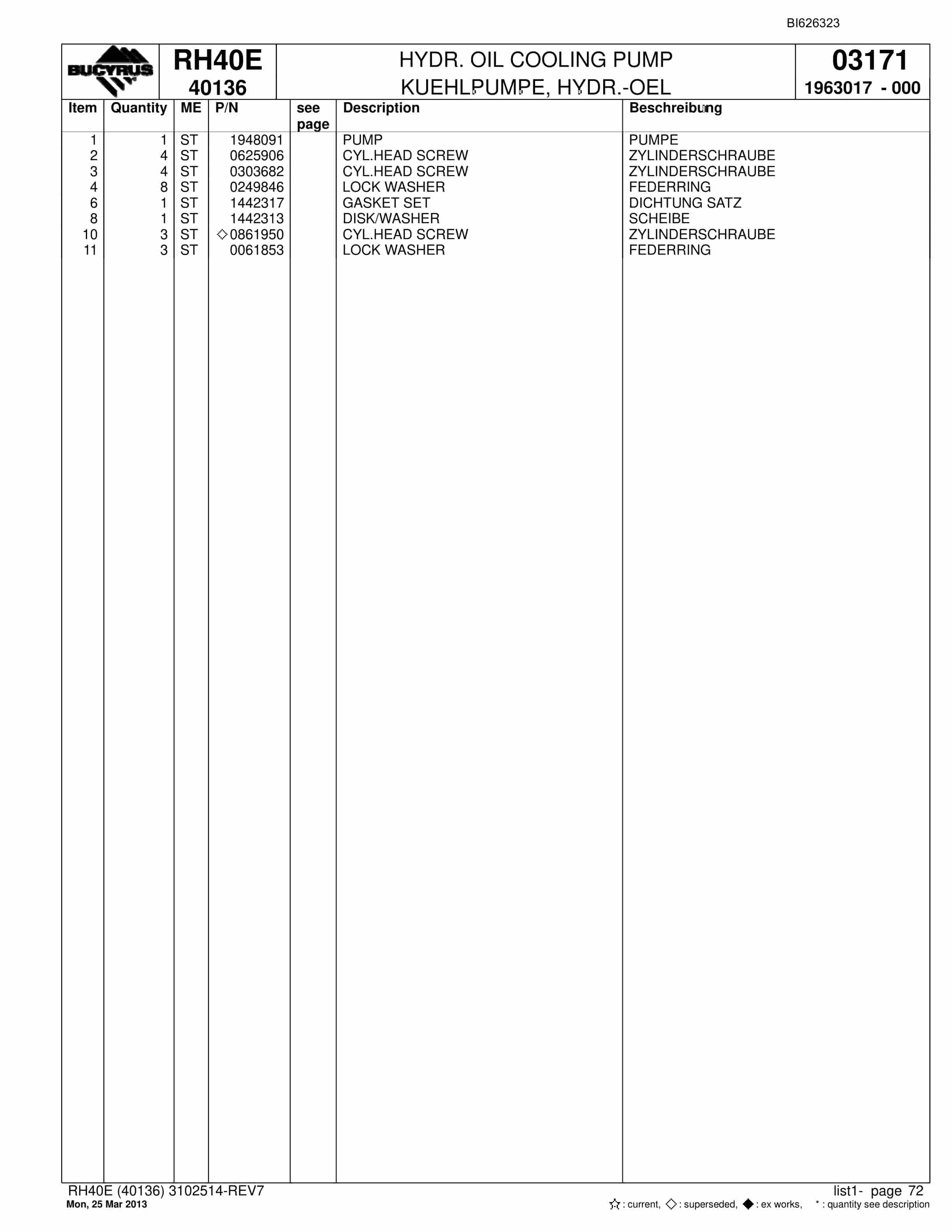 Bucyrus RH40E Hydraulic Excavator Parts Catalog BI626323-4