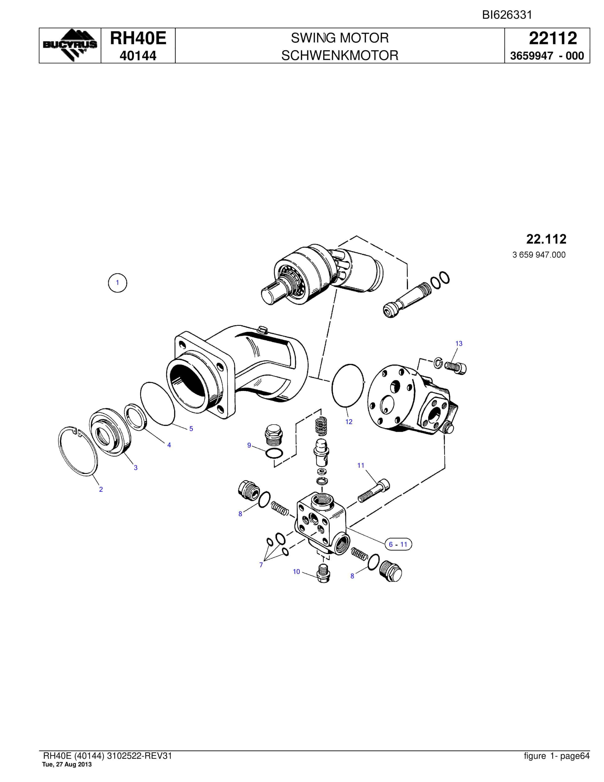 Bucyrus RH40E Hydraulic Excavator Parts Catalog BI626331-2
