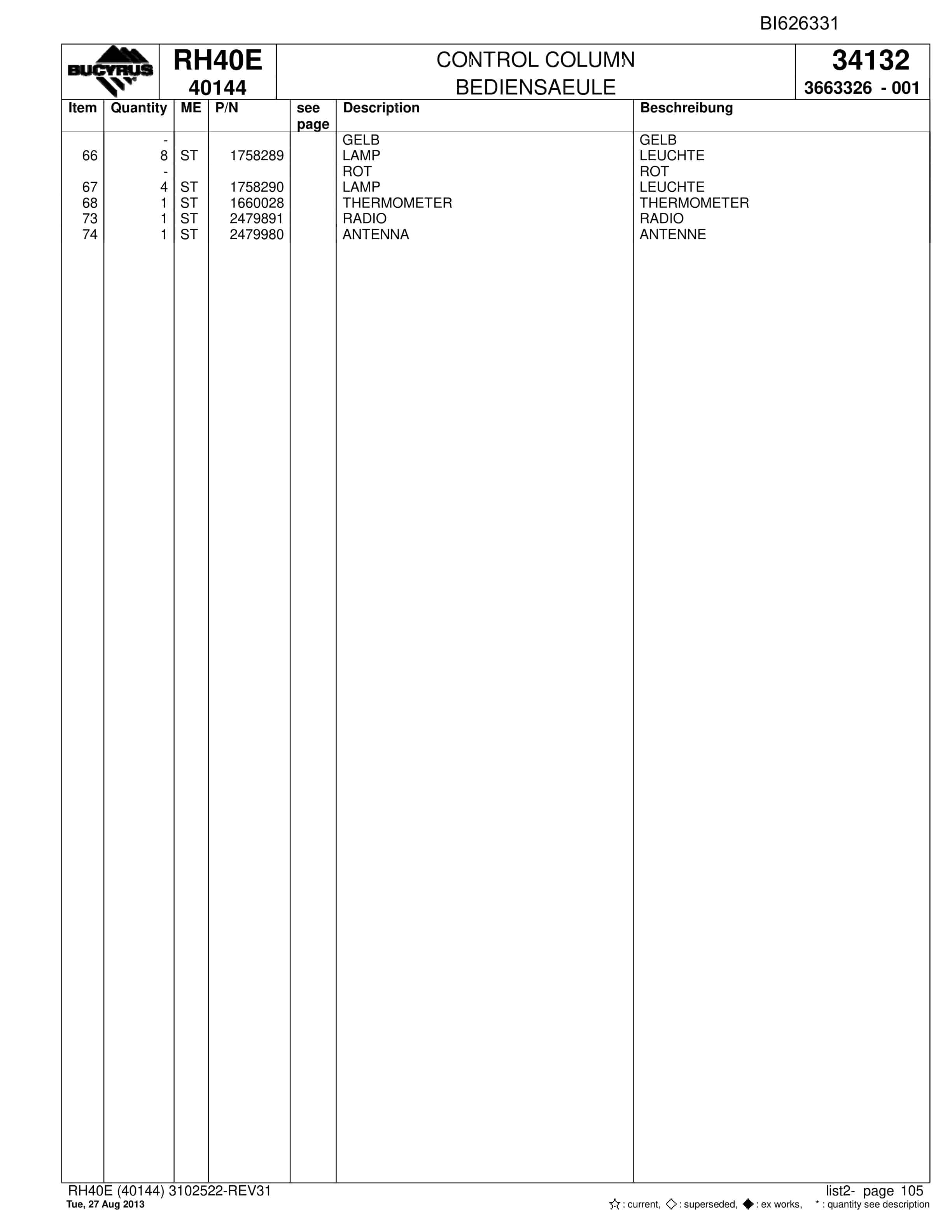 Bucyrus RH40E Hydraulic Excavator Parts Catalog BI626331-5