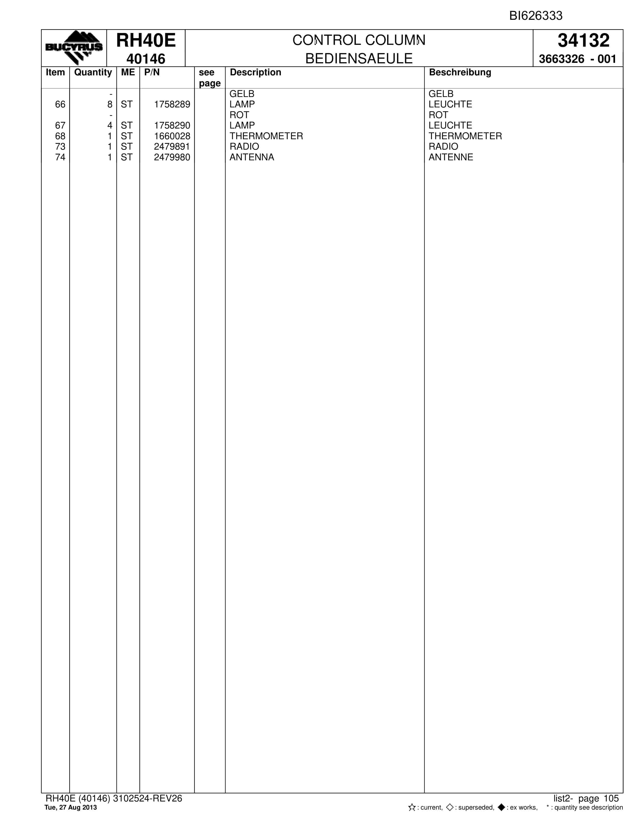 Bucyrus RH40E Hydraulic Excavator Parts Catalog BI626333-5