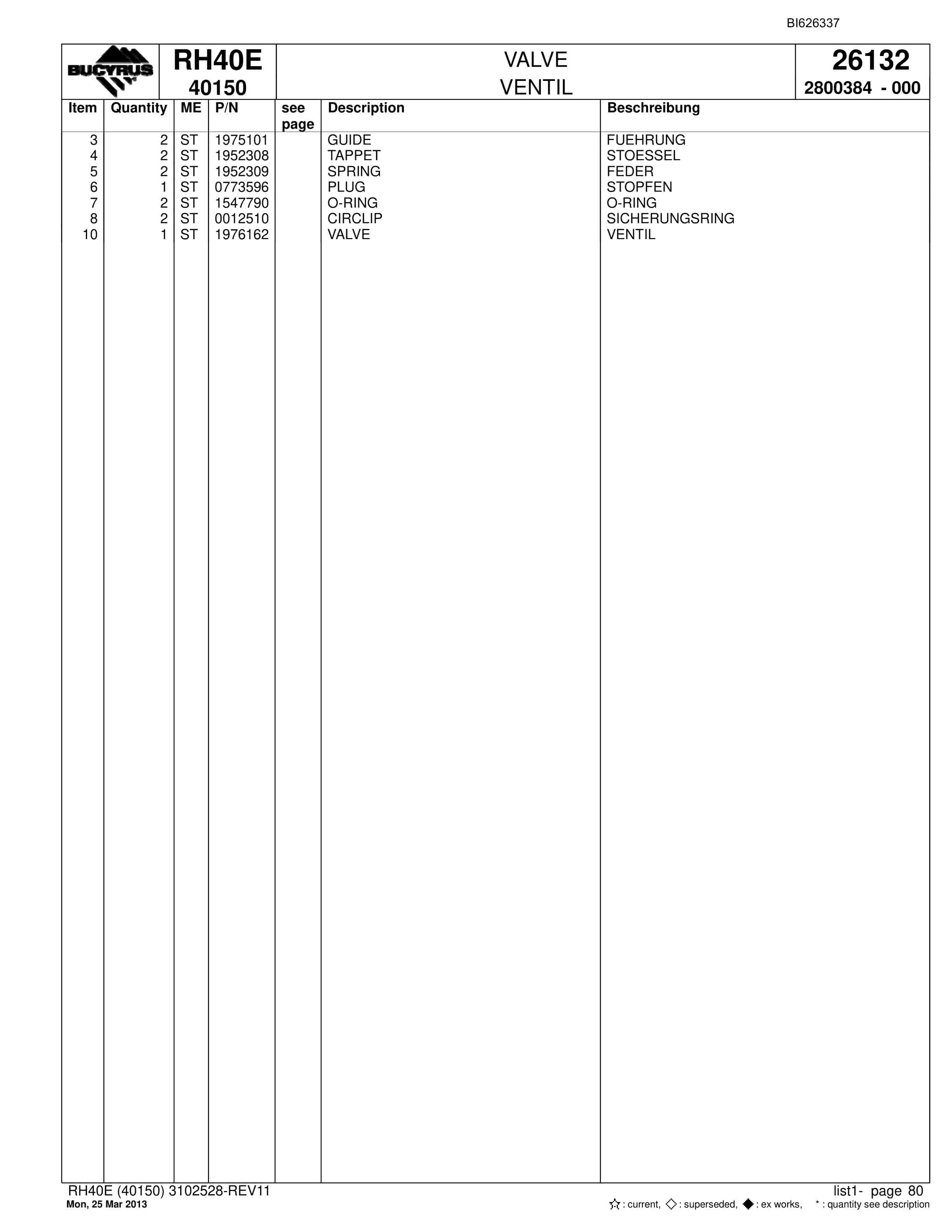 Bucyrus RH40E Hydraulic Excavator Parts Catalog BI626337-3