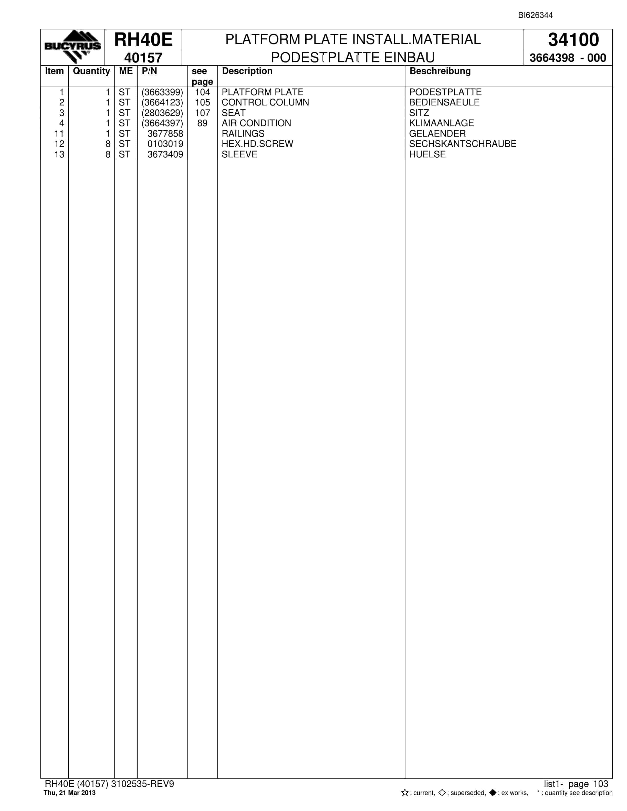 Bucyrus RH40E Hydraulic Excavator Parts Catalog BI626344-5