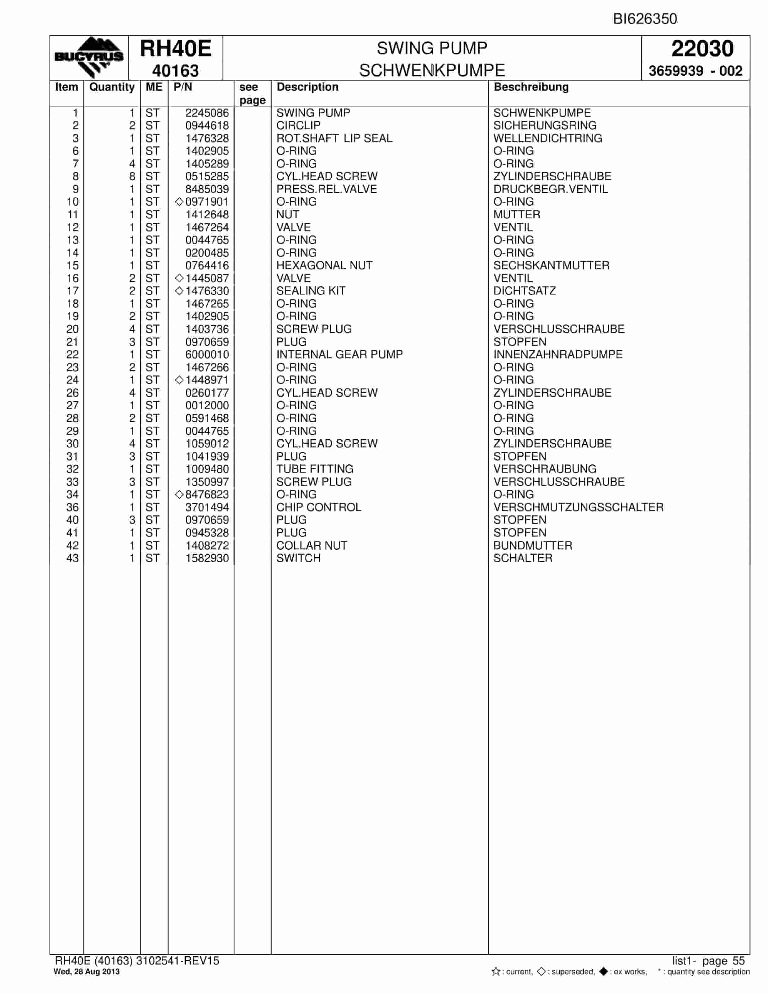 Bucyrus RH40E Hydraulic Excavator Parts Catalog BI626350-2