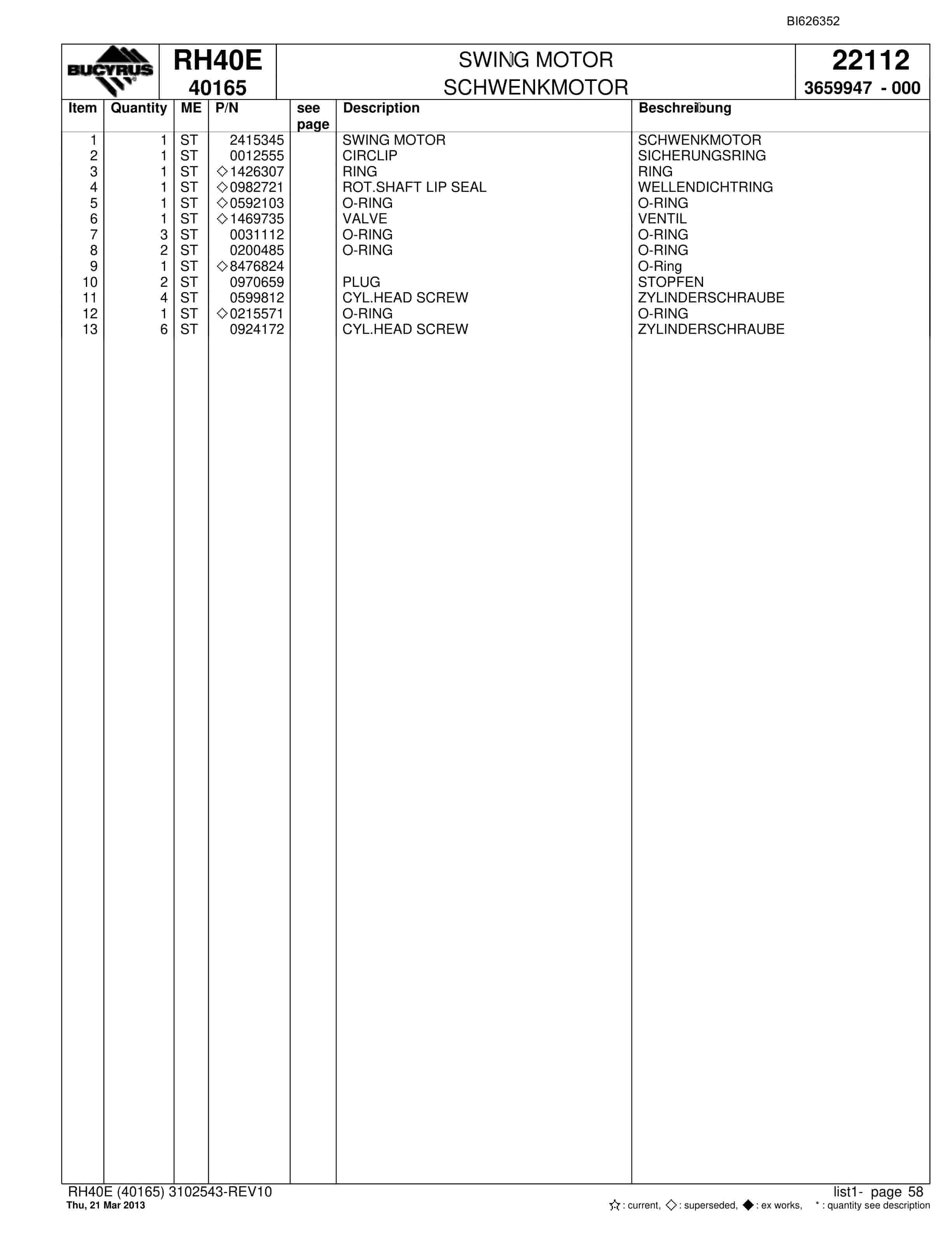 Bucyrus RH40E Hydraulic Excavator Parts Catalog BI626352-2