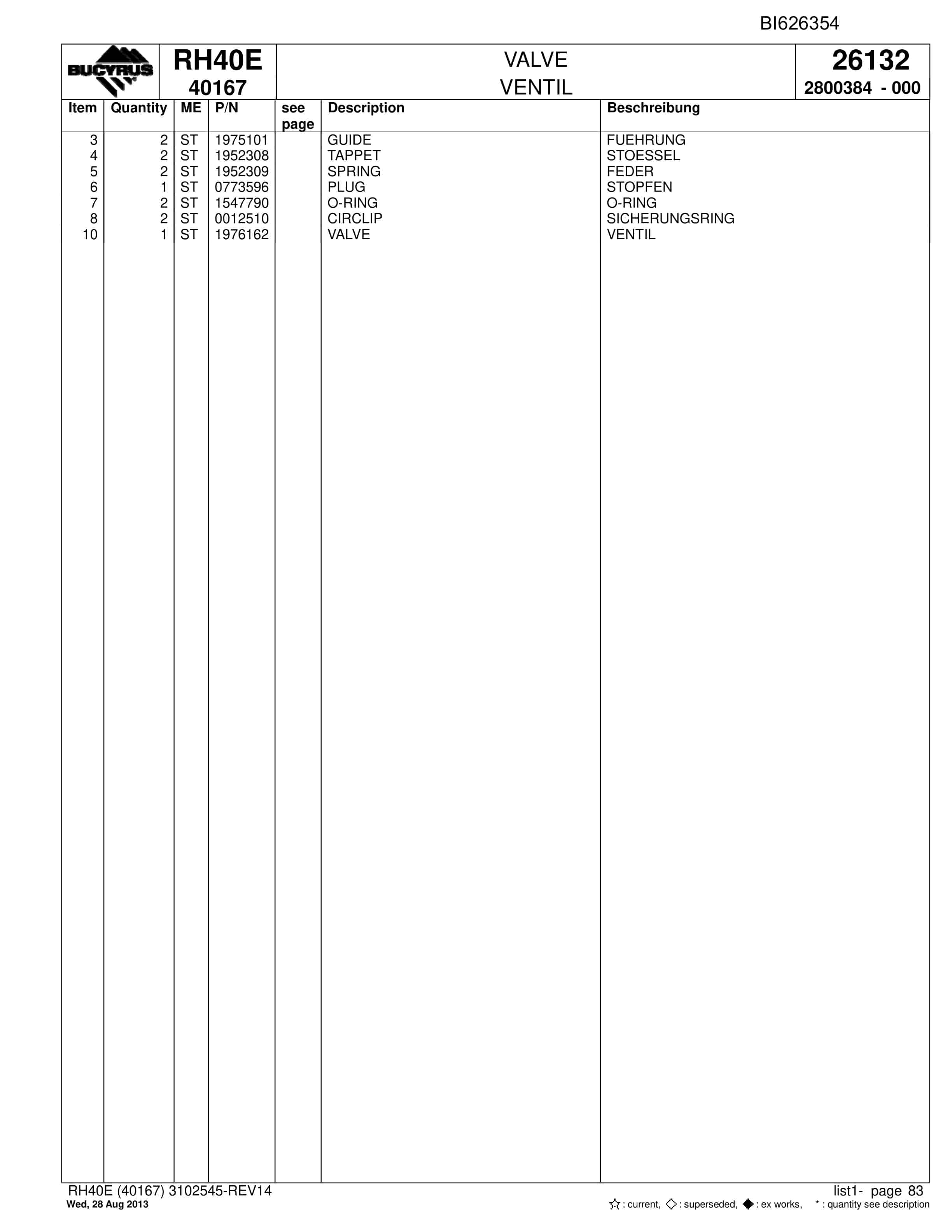 Bucyrus RH40E Hydraulic Excavator Parts Catalog BI626354-3