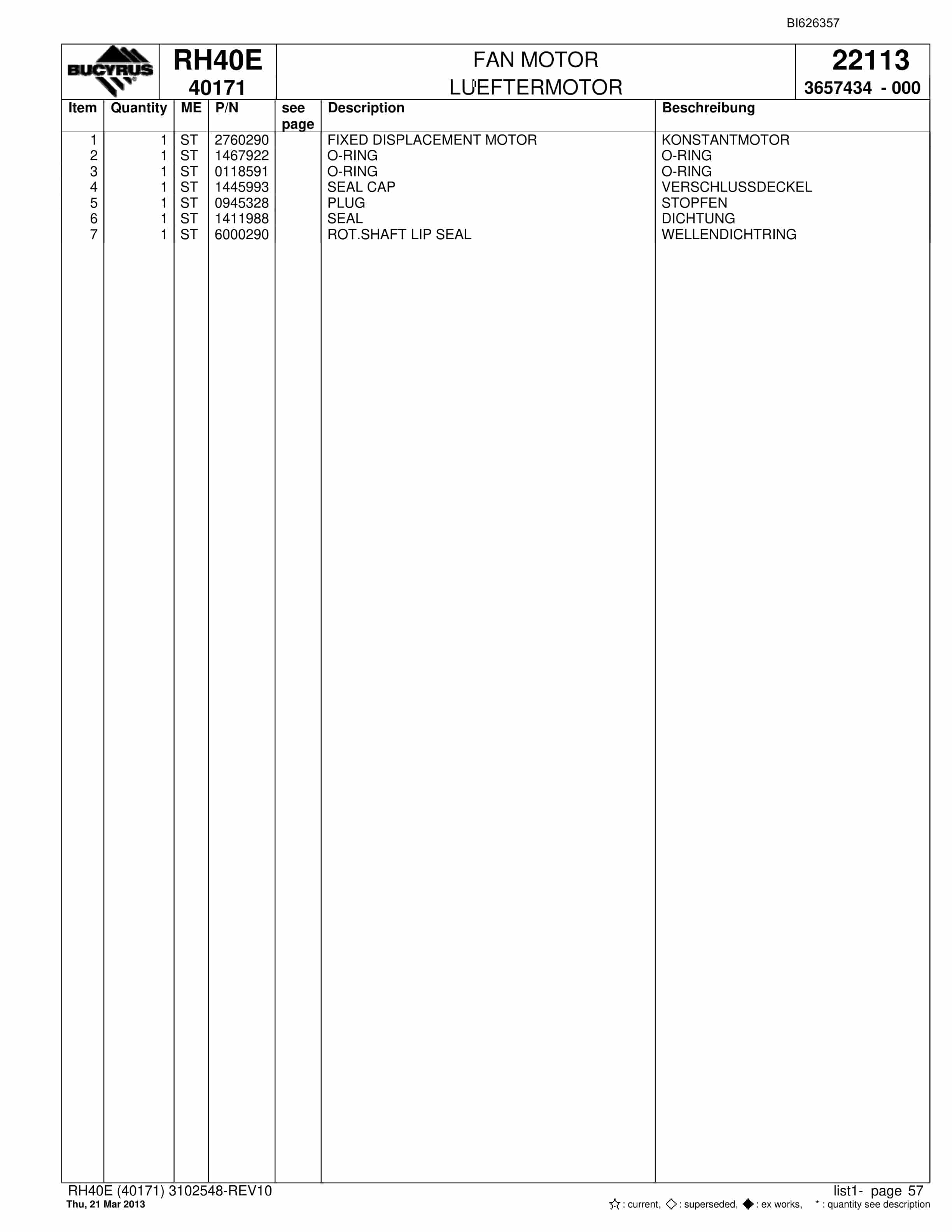 Bucyrus RH40E Hydraulic Excavator Parts Catalog BI626357-2