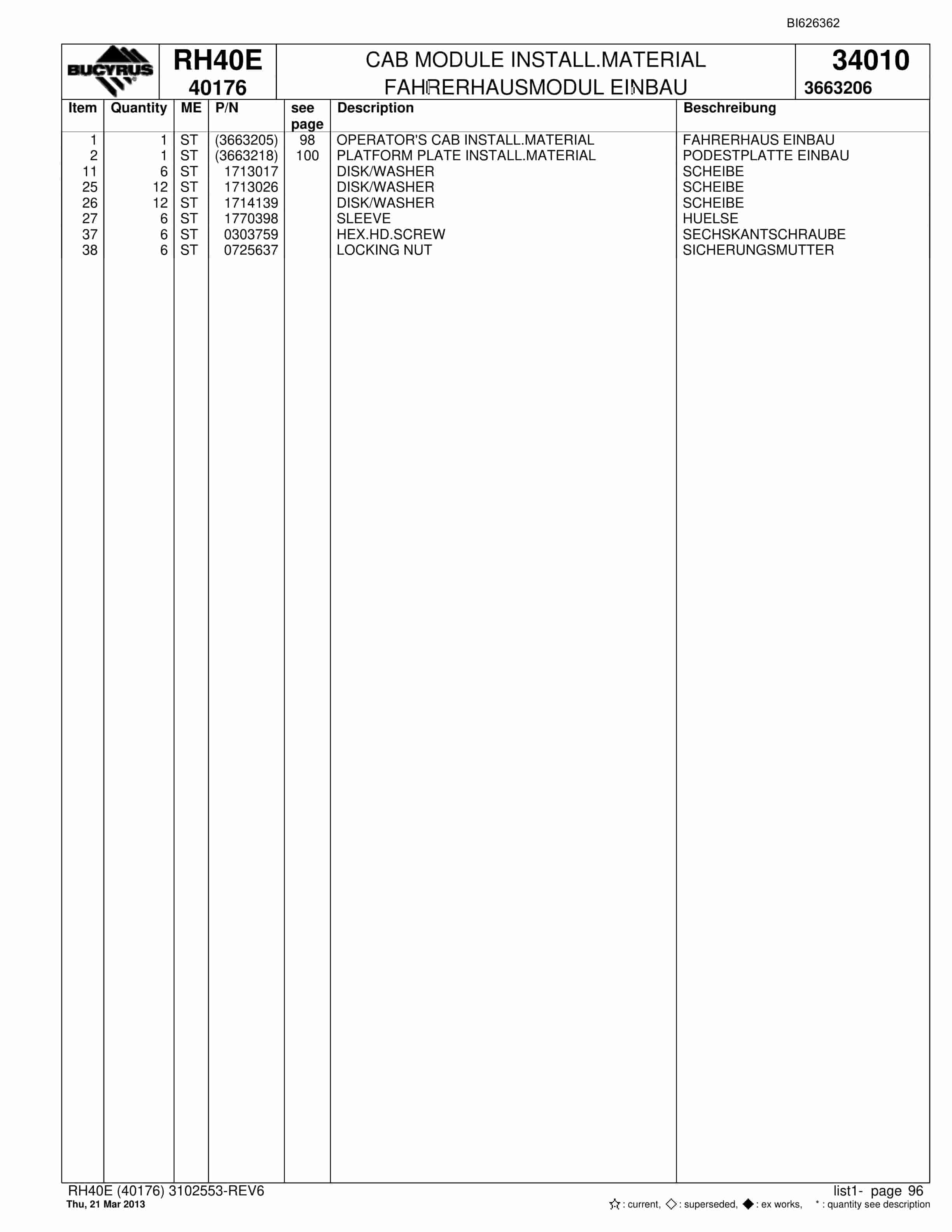 Bucyrus RH40E Hydraulic Excavator Parts Catalog BI626362-4