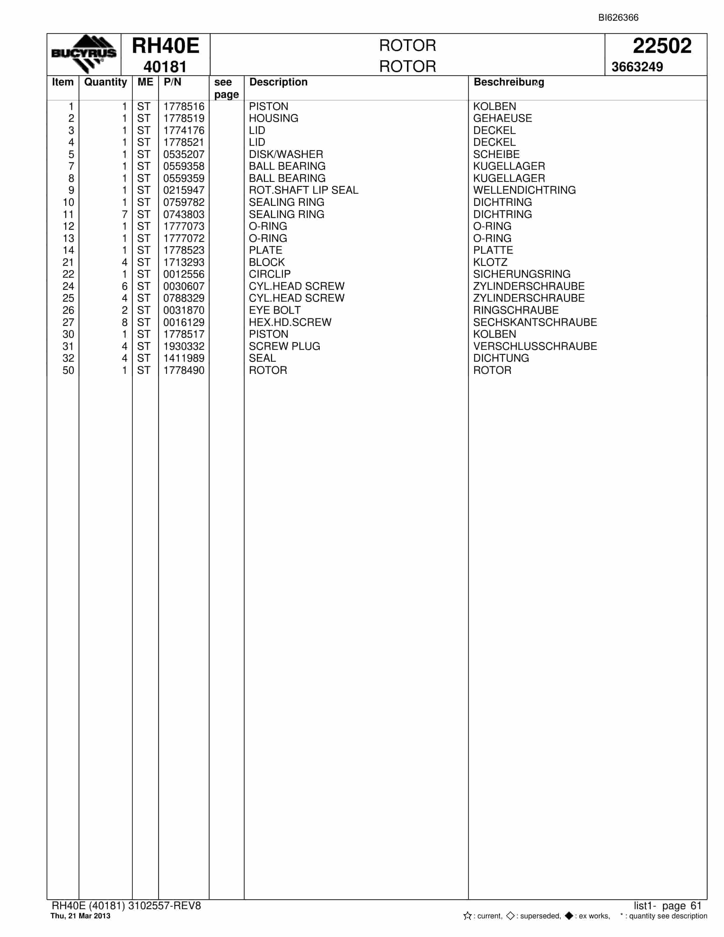 Bucyrus RH40E Hydraulic Excavator Parts Catalog BI626366-2