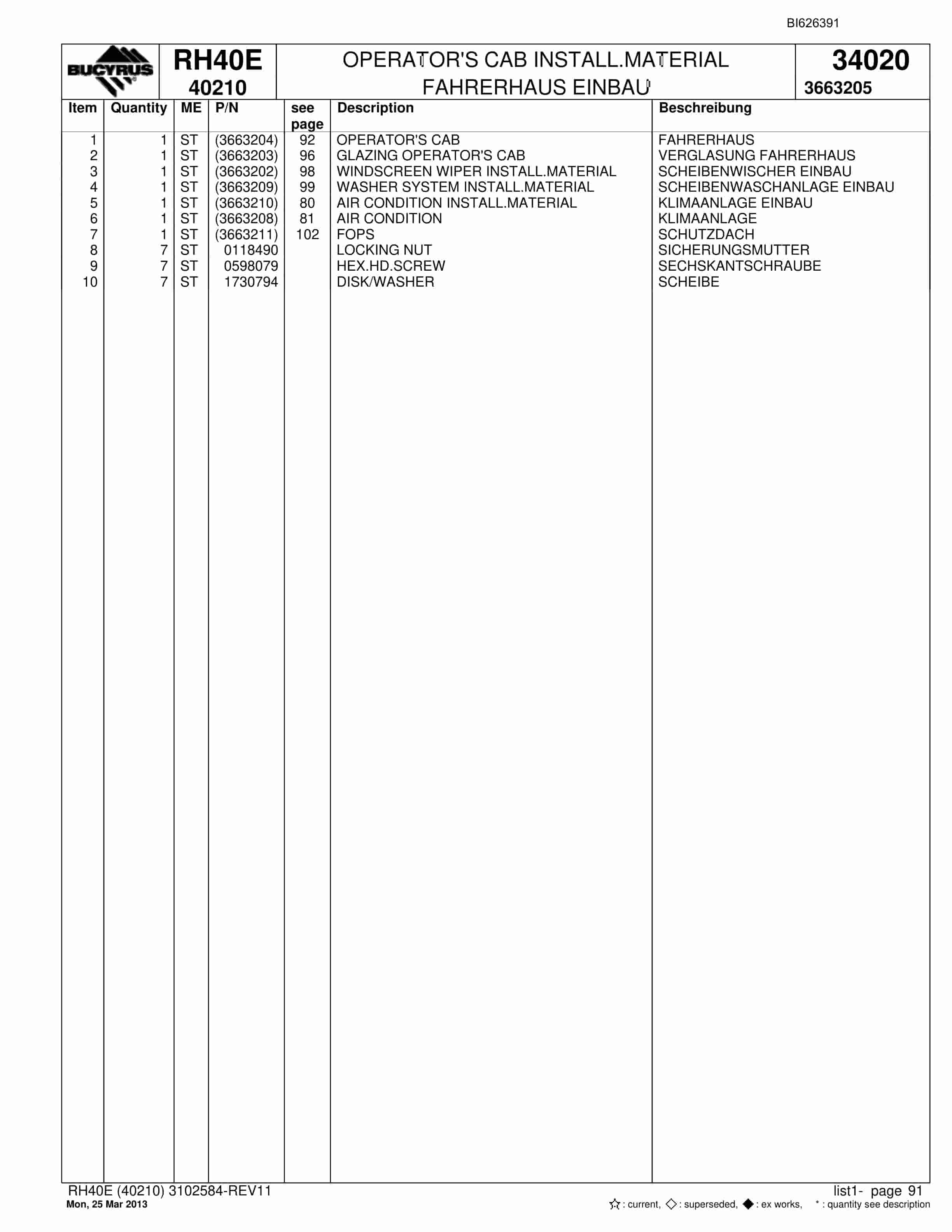 Bucyrus RH40E Hydraulic Excavator Parts Catalog BI626391-4