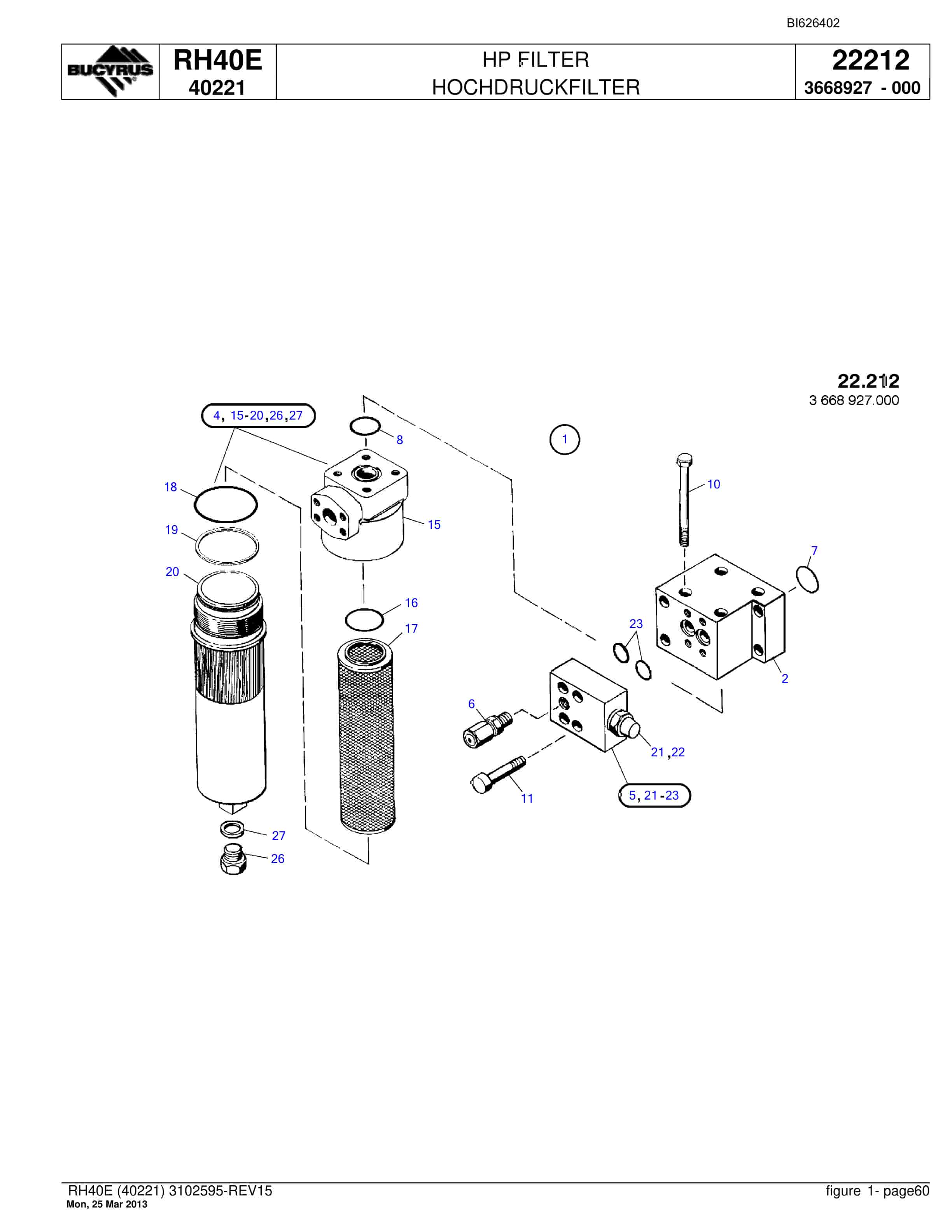 Bucyrus RH40E Hydraulic Excavator Parts Catalog BI626402-2