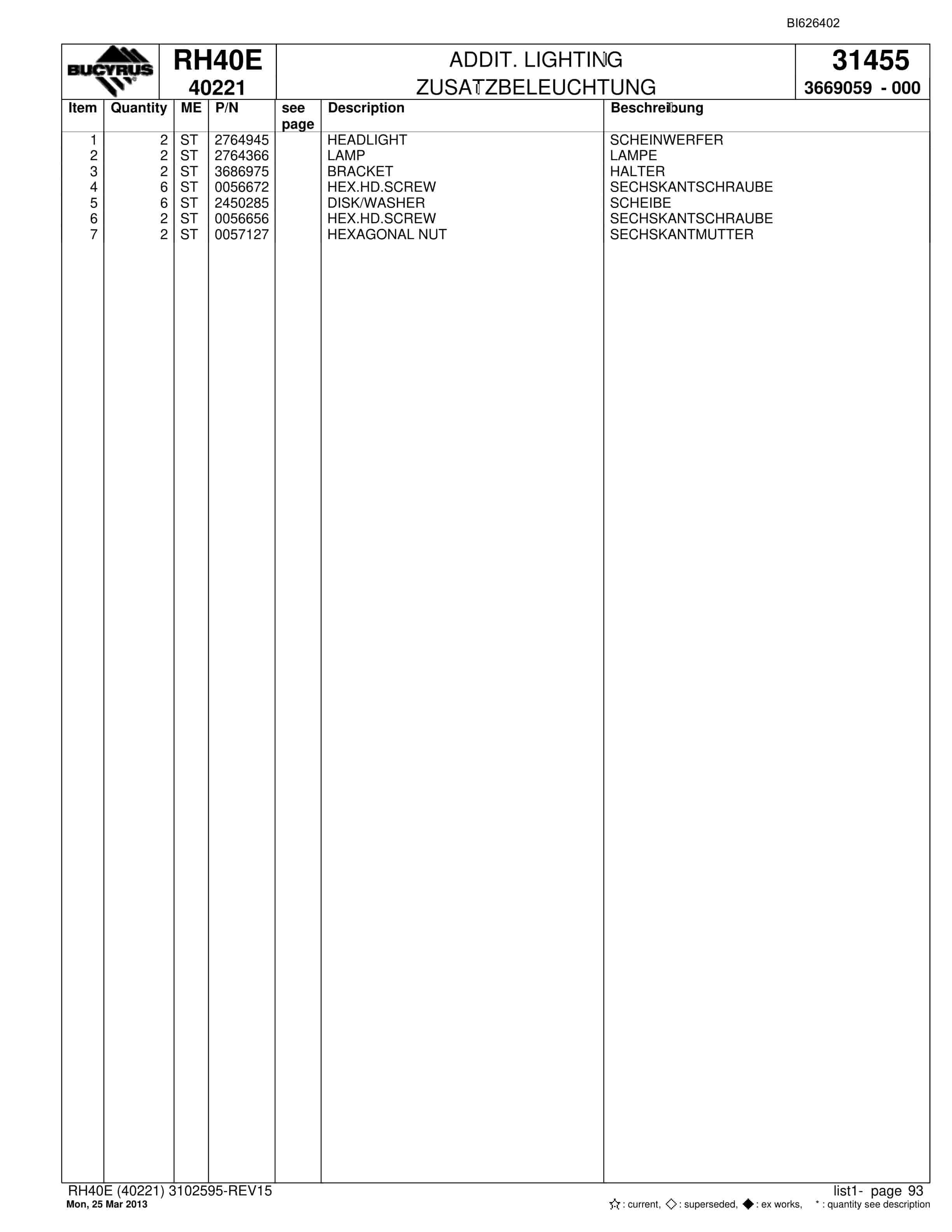 Bucyrus RH40E Hydraulic Excavator Parts Catalog BI626402-4