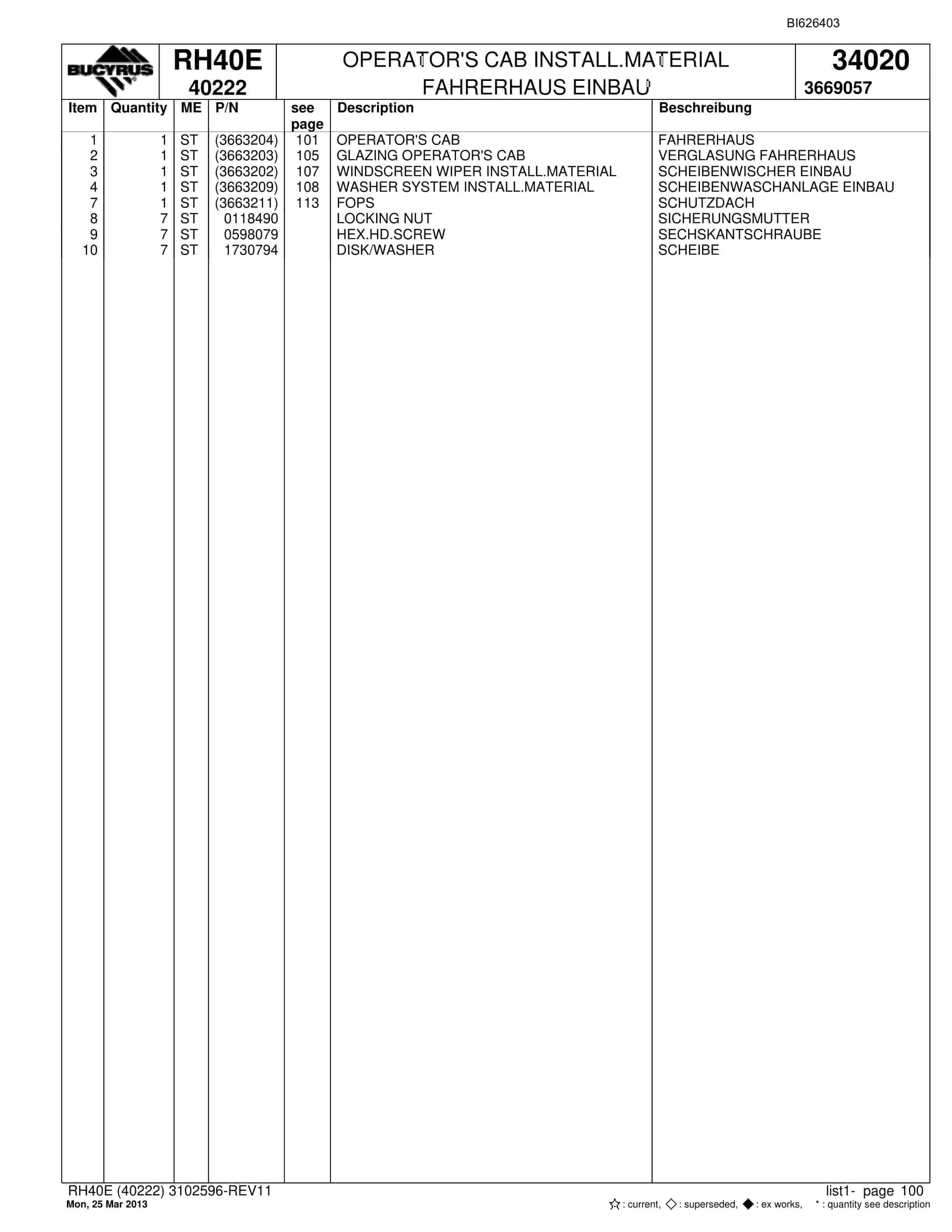 Bucyrus RH40E Hydraulic Excavator Parts Catalog BI626403-4