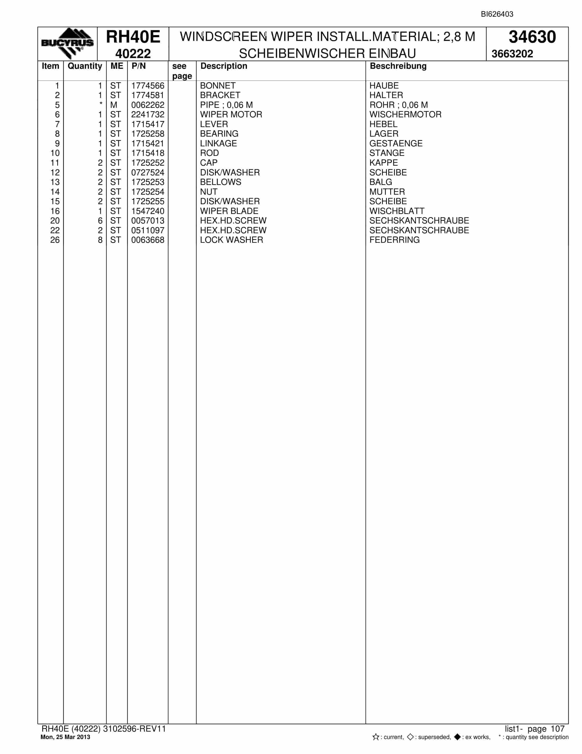 Bucyrus RH40E Hydraulic Excavator Parts Catalog BI626403-5