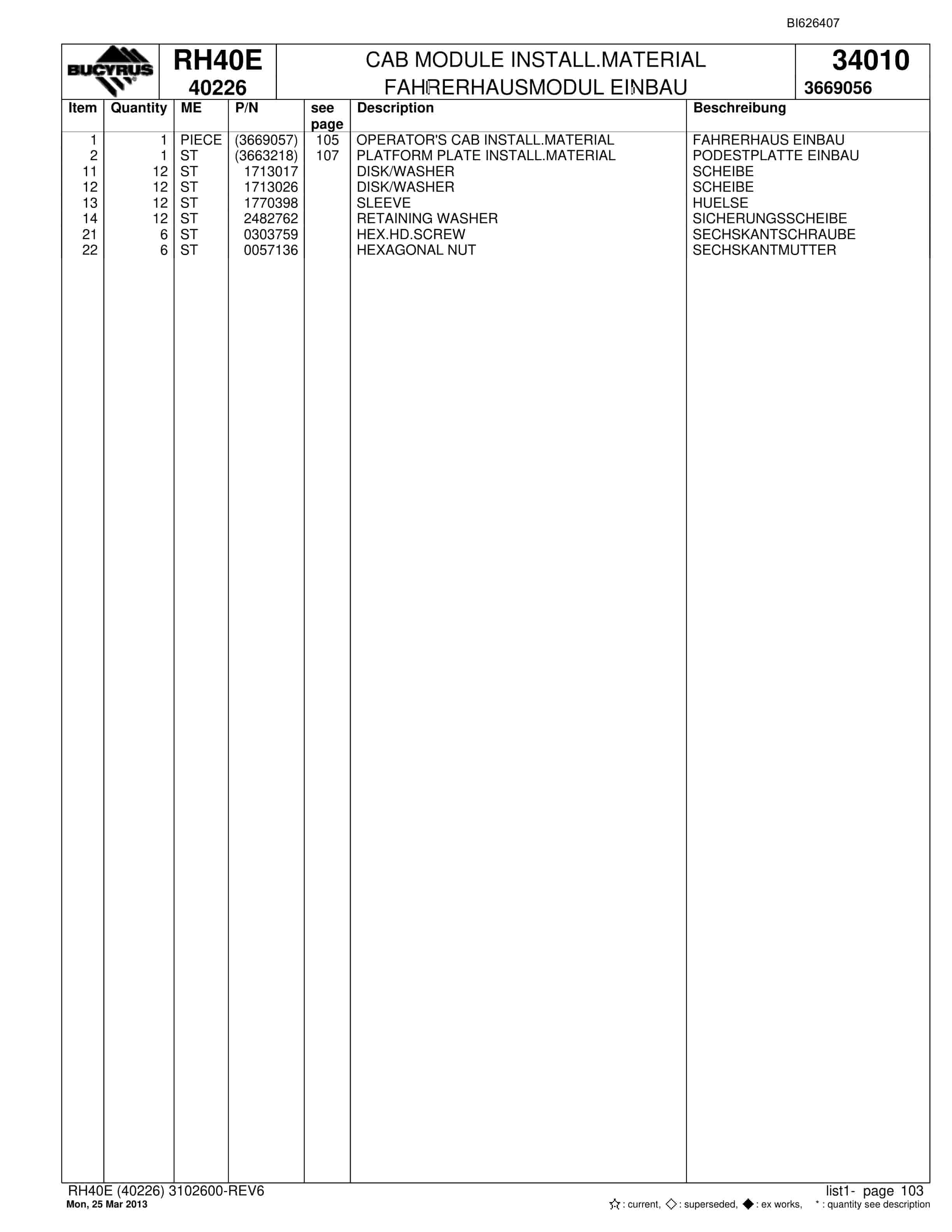 Bucyrus RH40E Hydraulic Excavator Parts Catalog BI626407-4